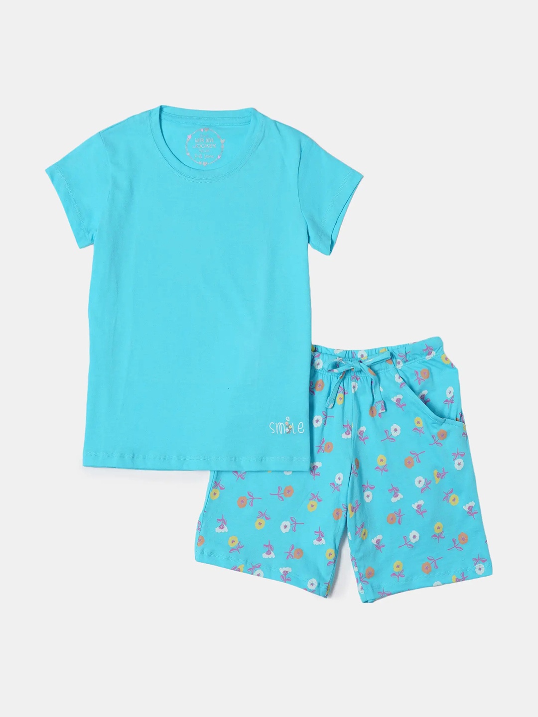 

Jockey Girls Super Combed Cotton Short Sleeve T-shirt and Printed Shorts Set-RG11, Blue