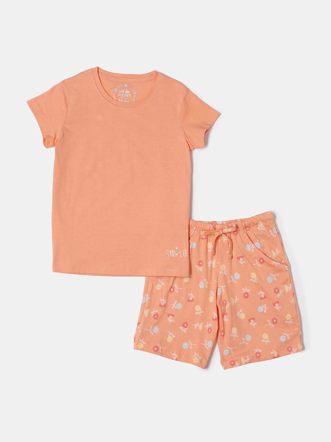 

Jockey Girl's Super Combed Cotton Short Sleeve Tshirt and Printed Shorts Set-RG11, Coral