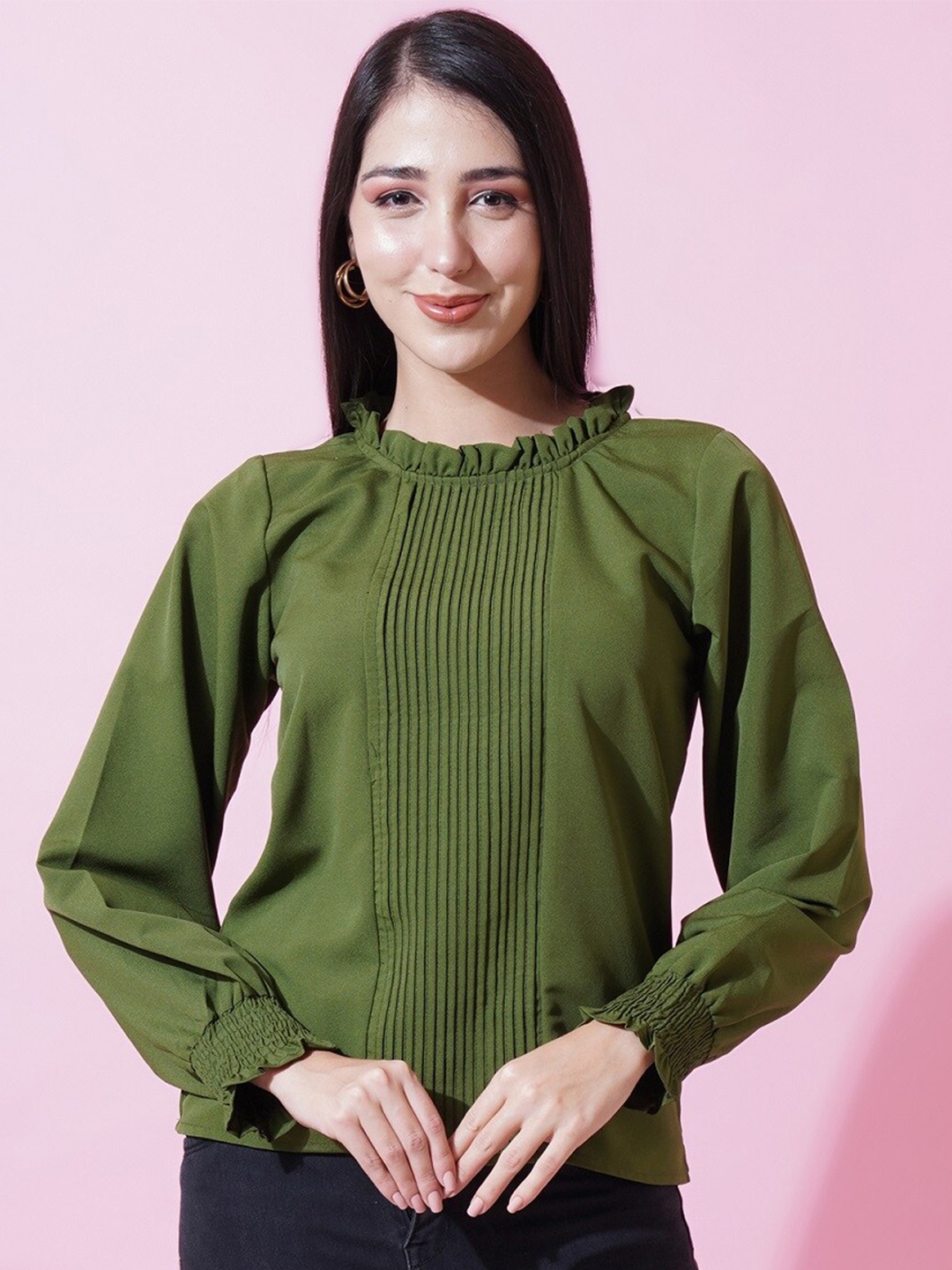 

Kushi Flyer Pleated Cuff Sleeves A-line Crepe Top, Olive