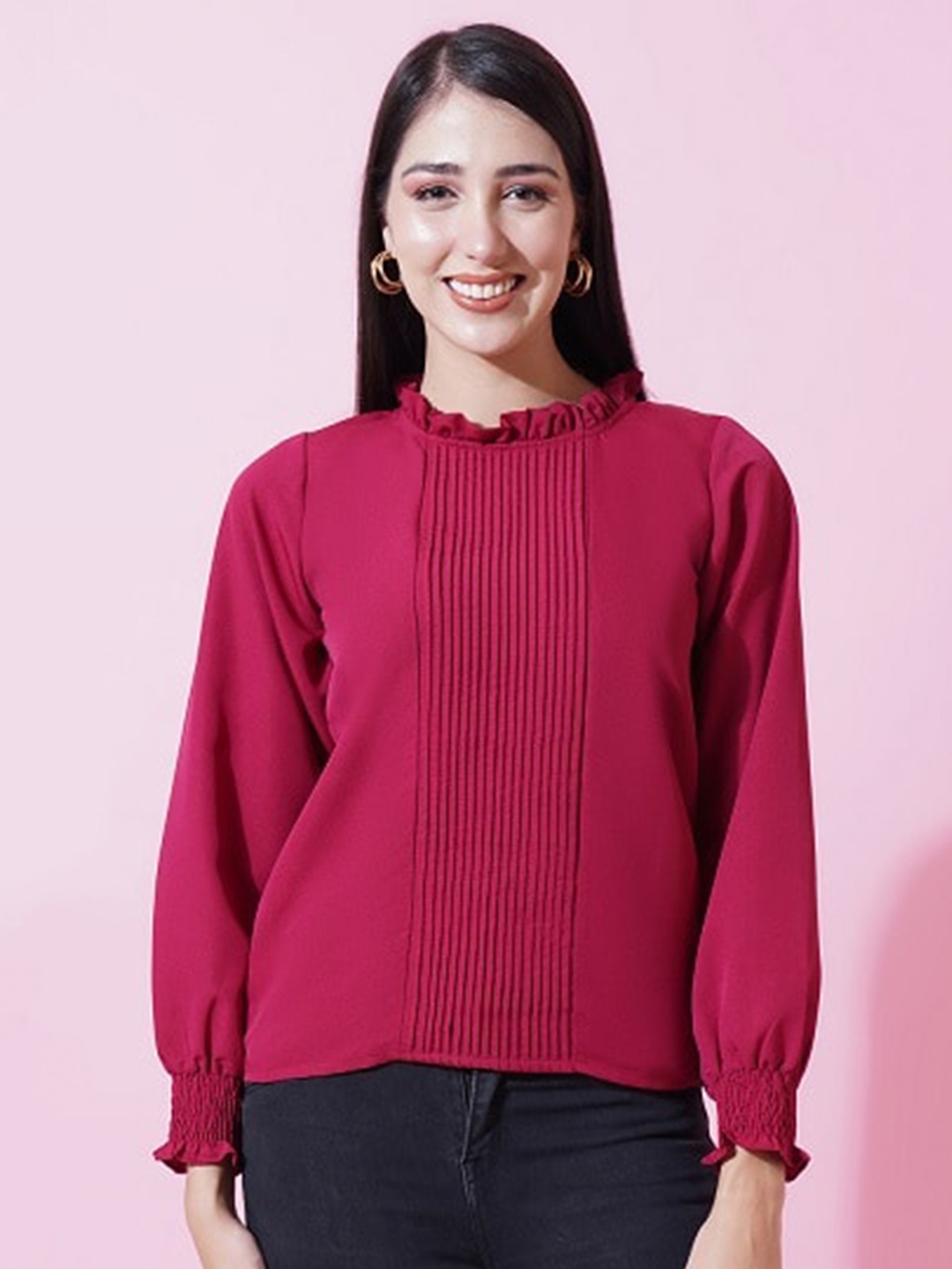

Kushi Flyer Pleated Cuff Sleeves A-line Crepe Top, Maroon