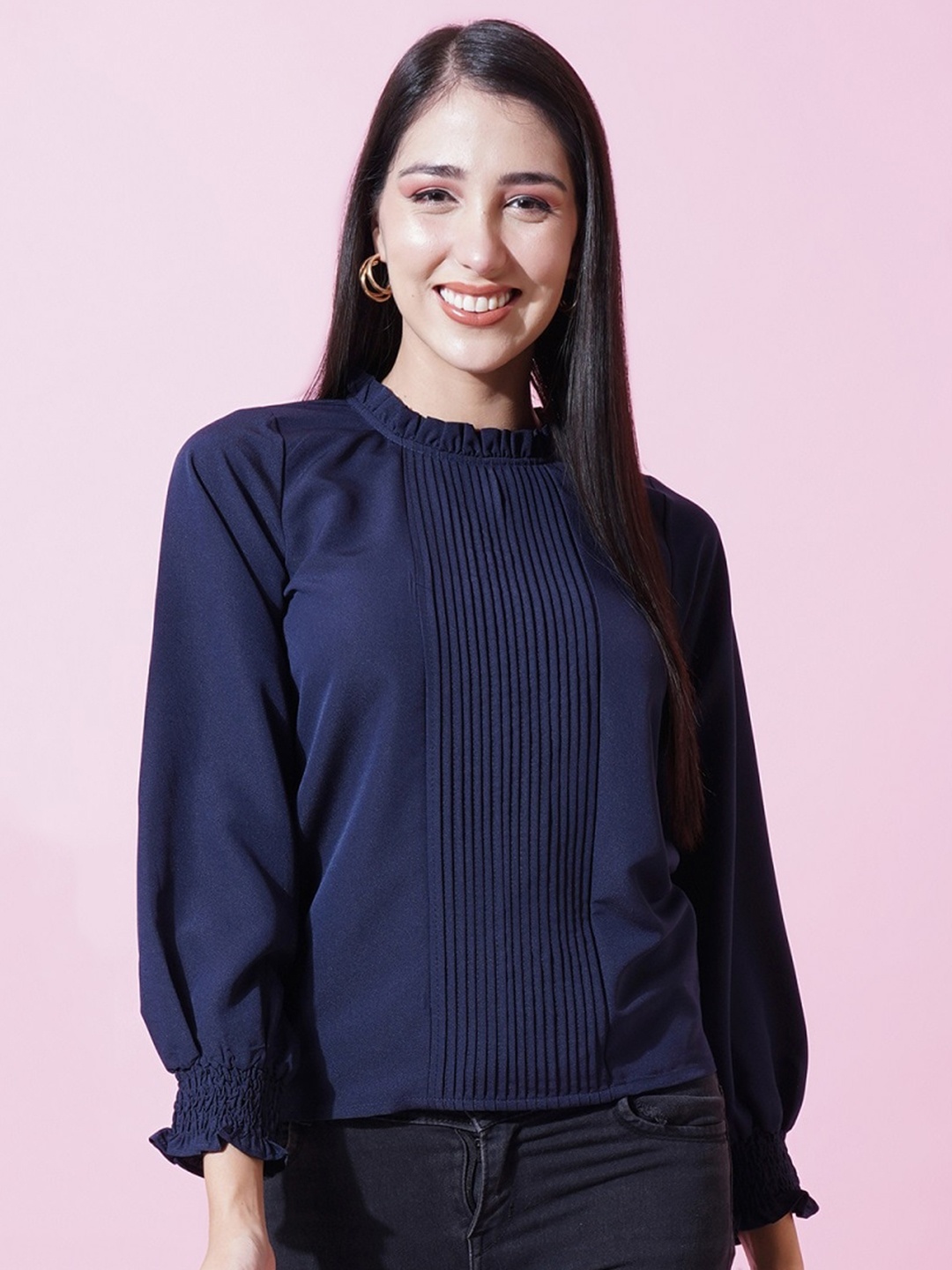 

Kushi Flyer Pleated Cuff Sleeves A-line Crepe Top, Navy blue