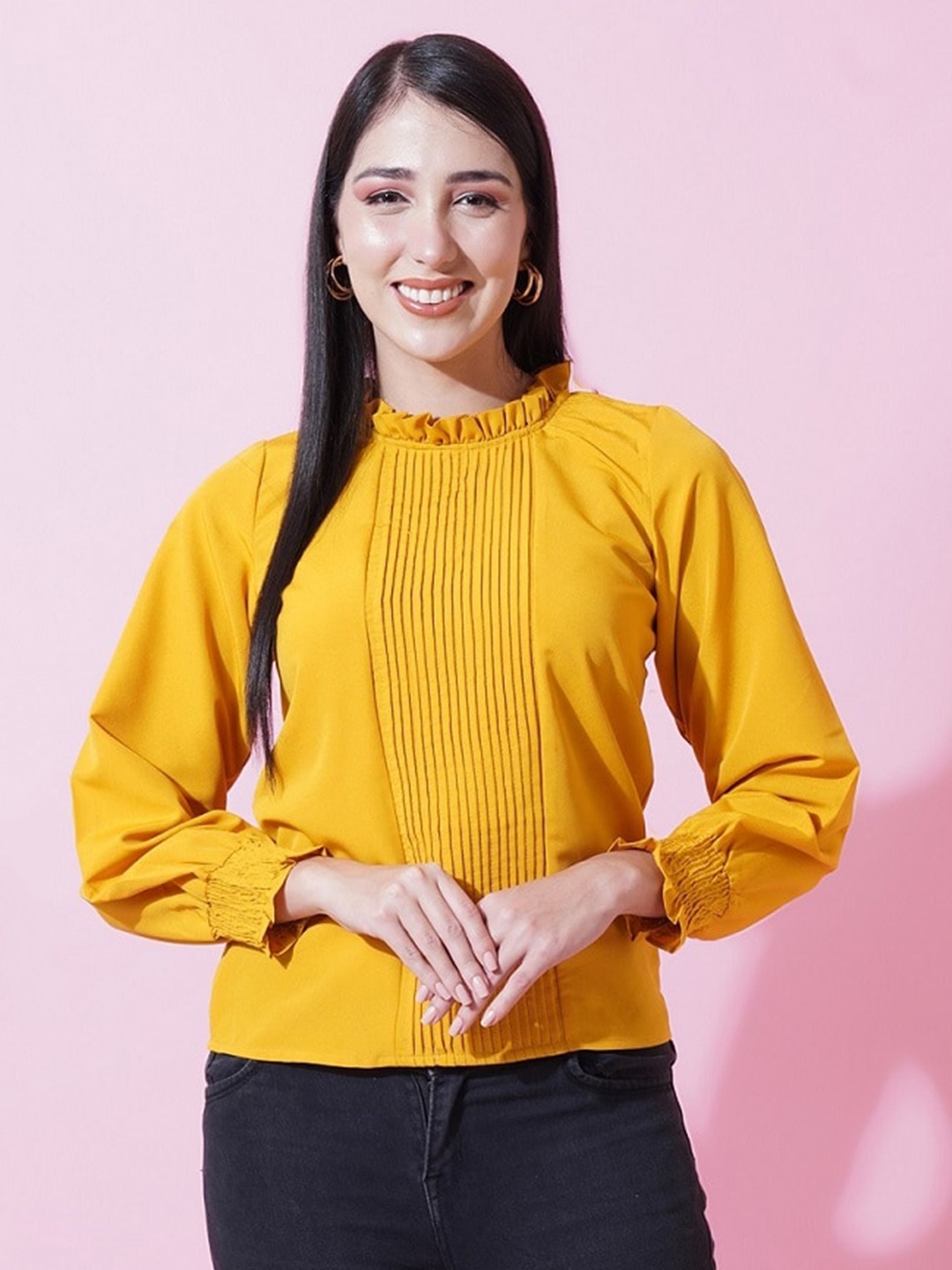 

Kushi Flyer Pleated Cuff Sleeves A-line Crepe Top, Mustard