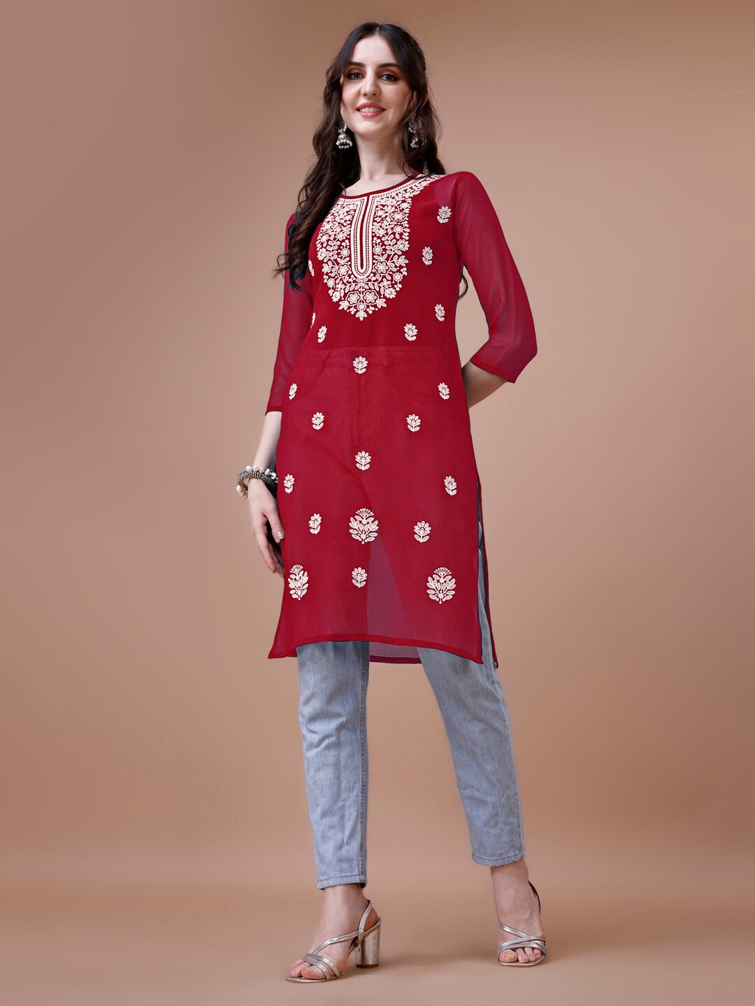 

KALINI Chikankari Floral Embroidered Georgette Kurta, Red