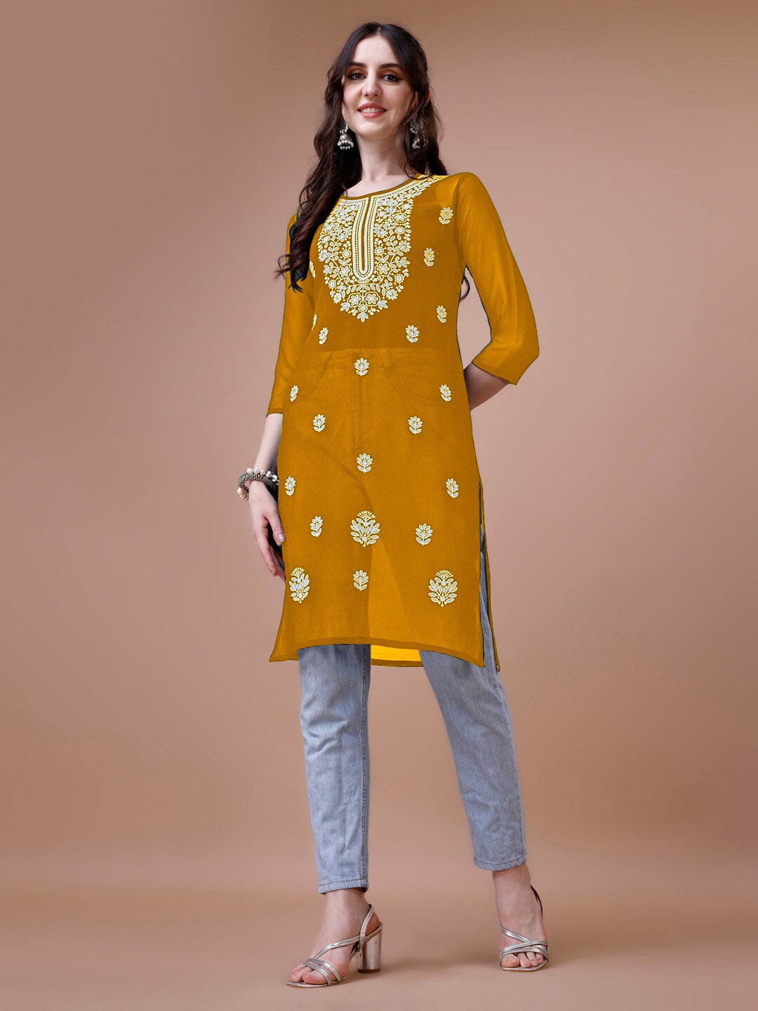 

KALINI Embroidered Chikankari Georgette Sheer Straight Kurta, Mustard