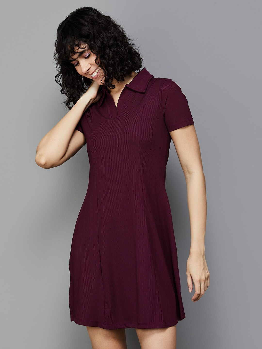 

Fame Forever by Lifestyle Striped Spread Collar A-Line Dress, Maroon