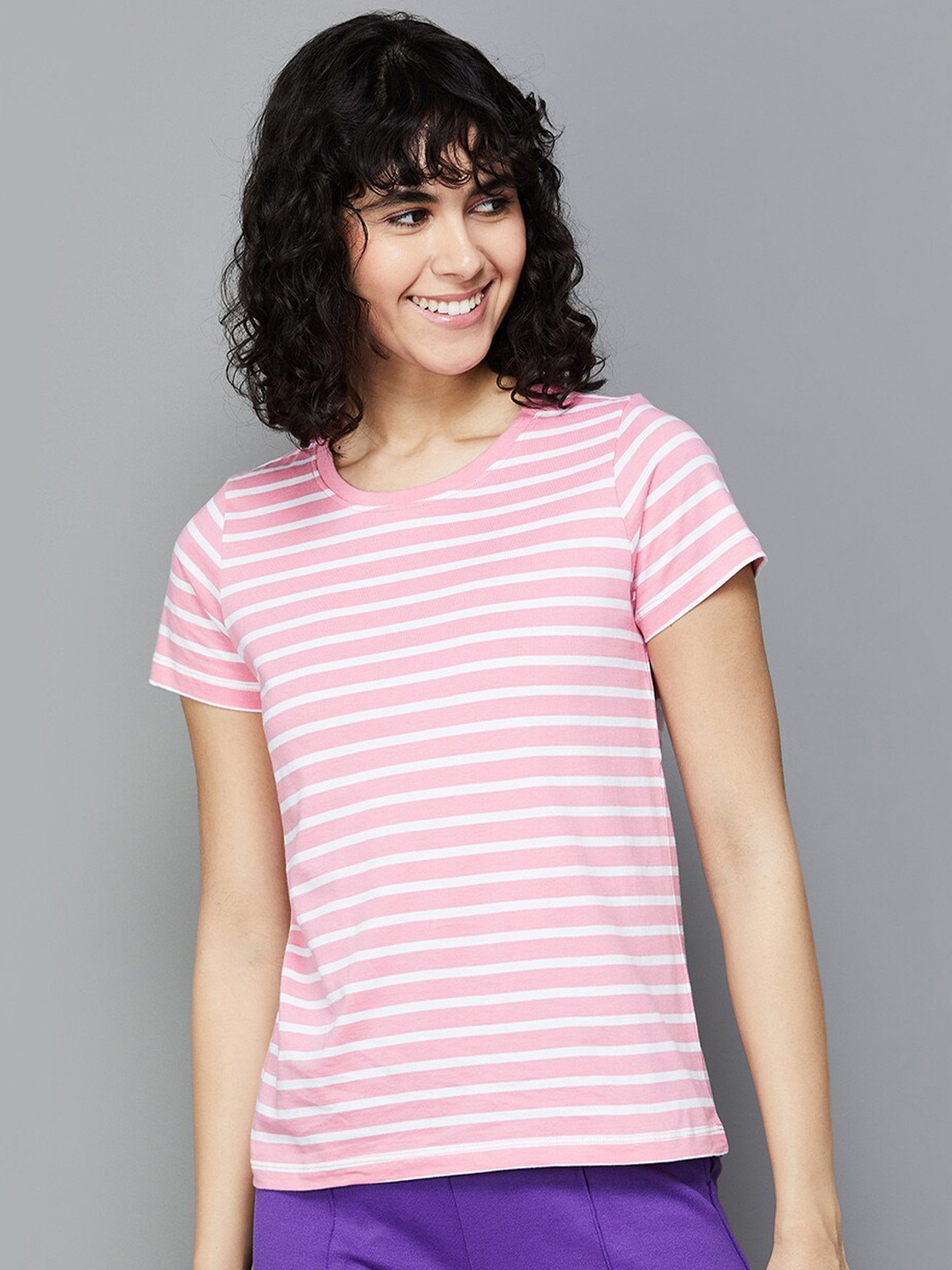 

Fame Forever by Lifestyle Horizontal Striped Round Neck Cotton Top, Pink