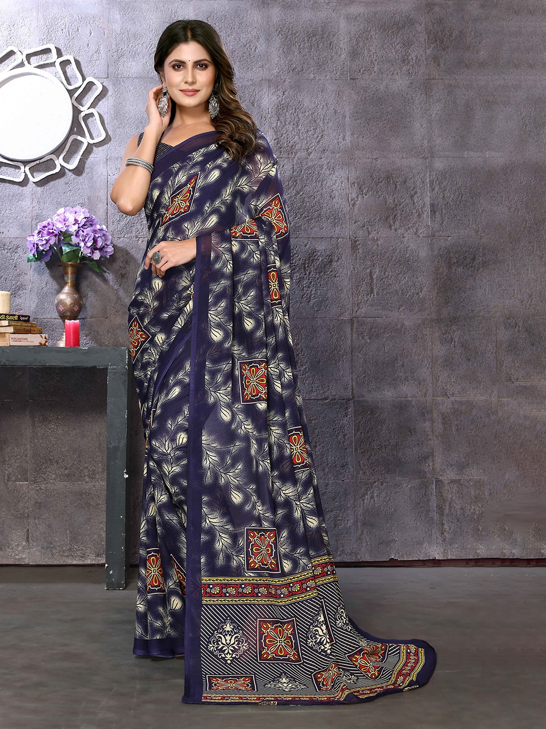 

KALINI Floral Printed Saree, Navy blue