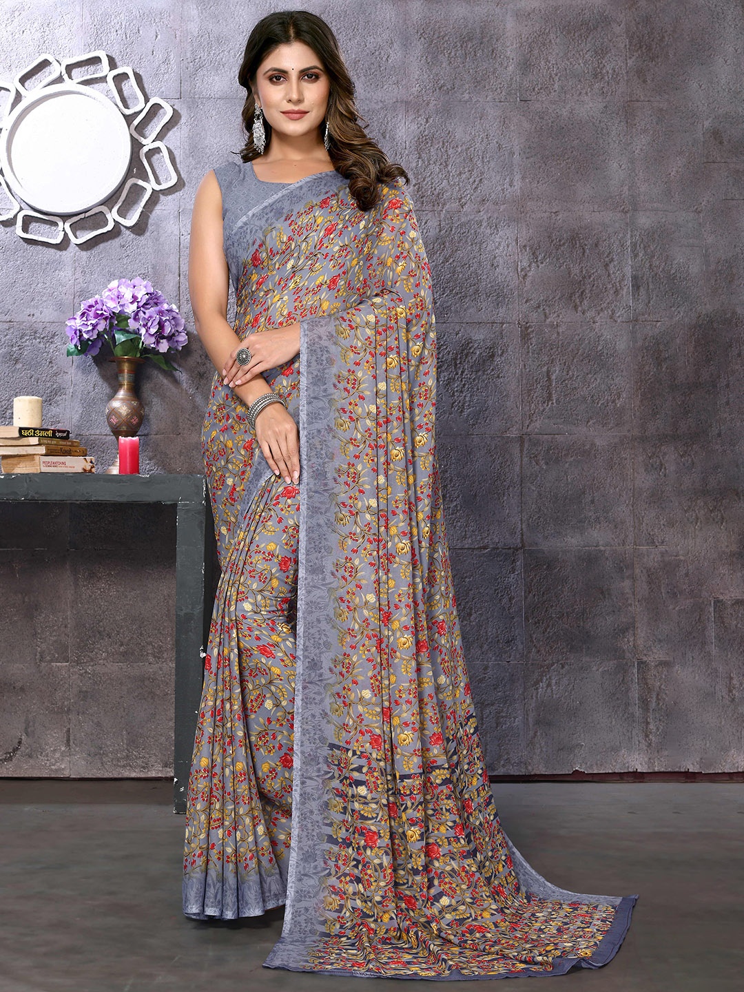 

KALINI Floral Printed Saree, Grey