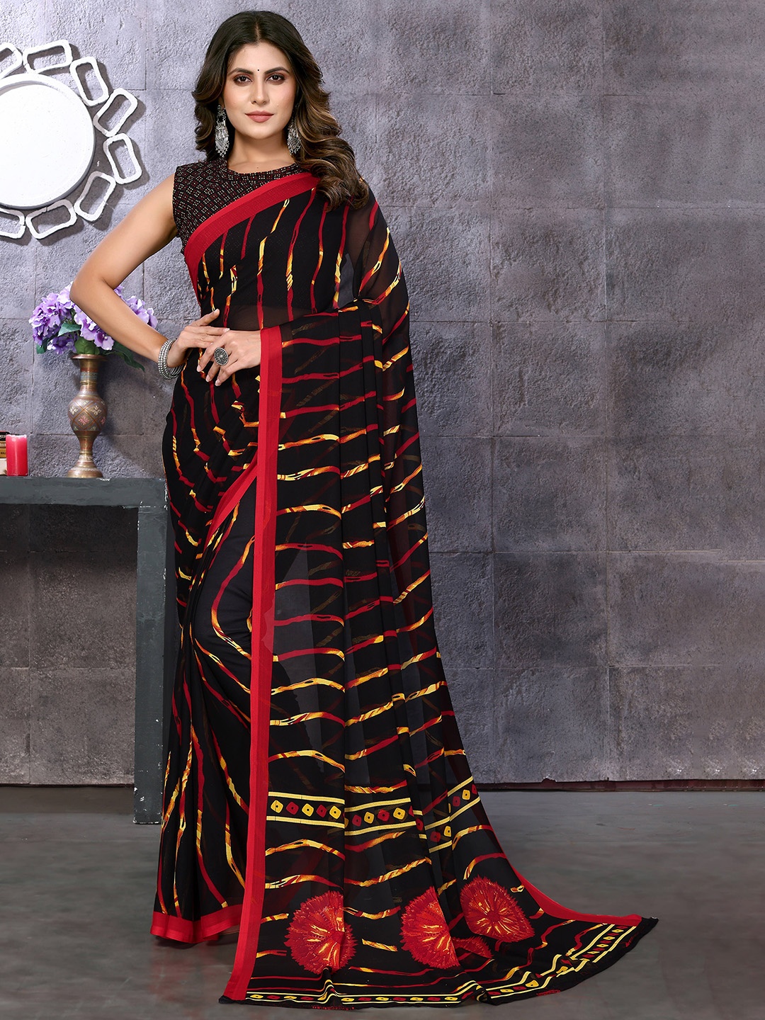 

KALINI Striped Saree, Red