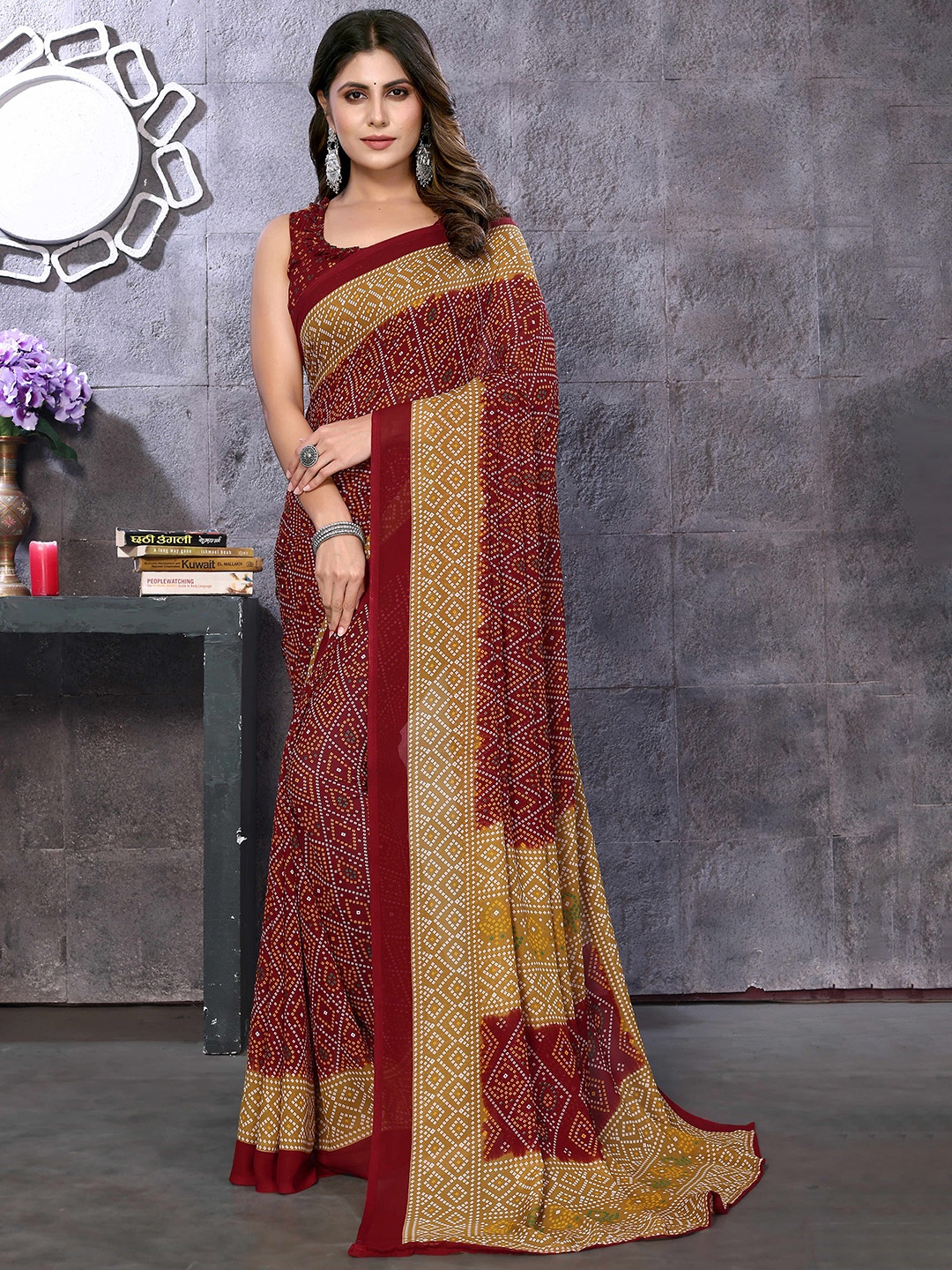 

KALINI Bandhani Printed Saree, Maroon