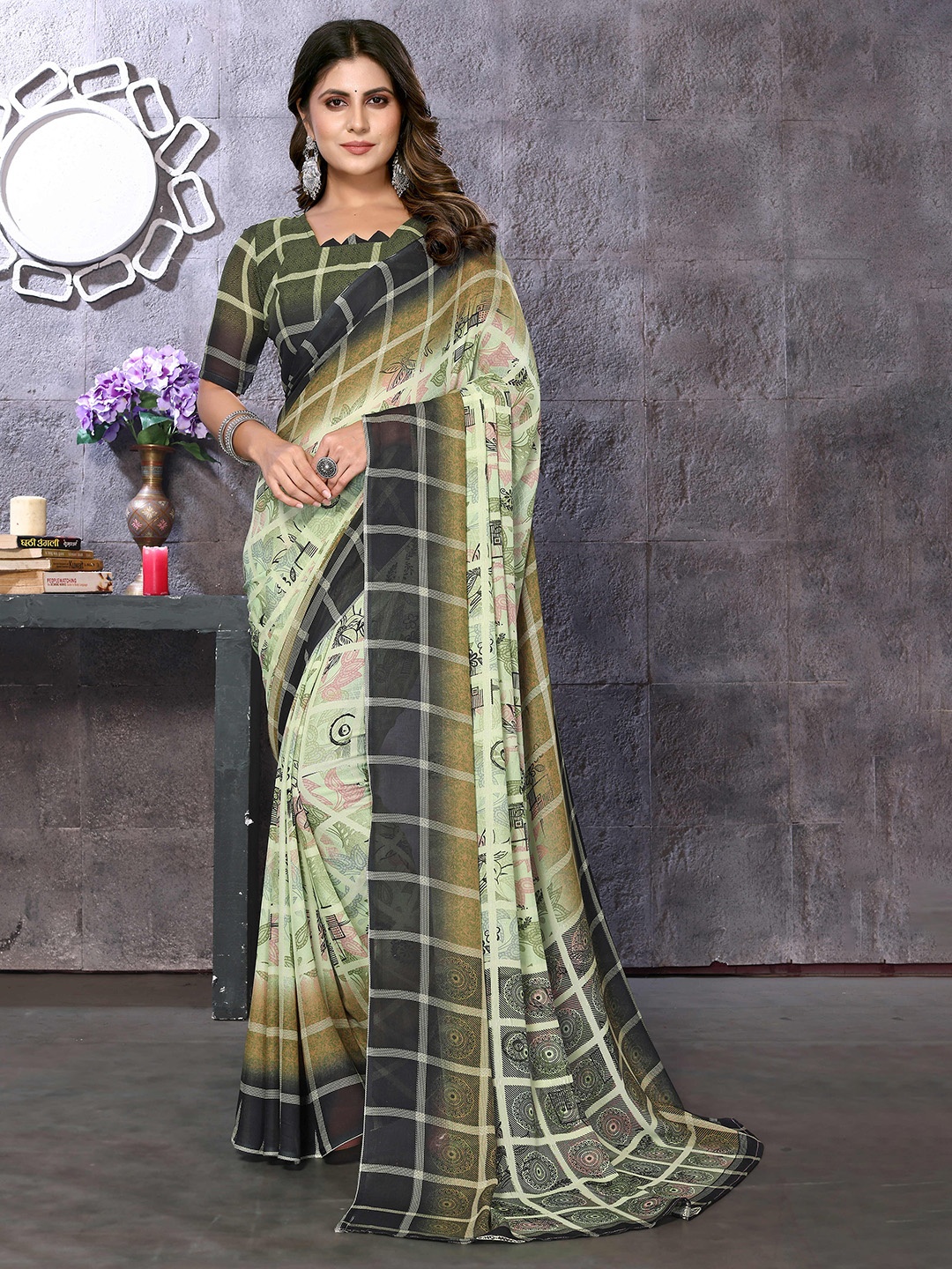 

KALINI Checked Saree, Green