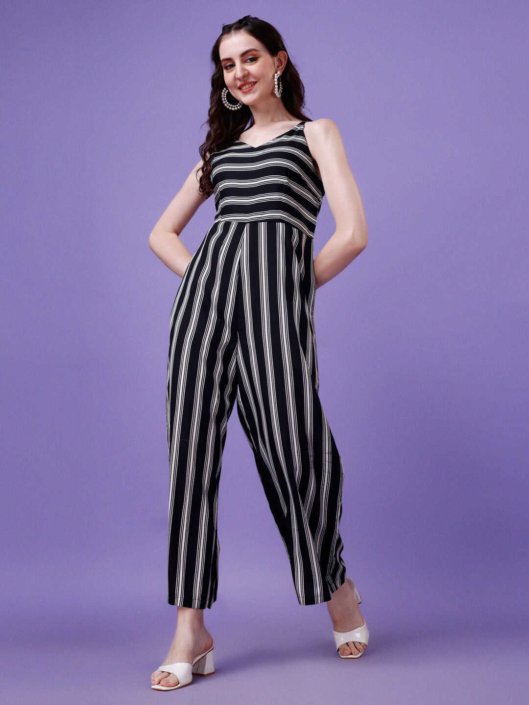 

KALINI Striped Shoulder Straps Jumpsuit, Black