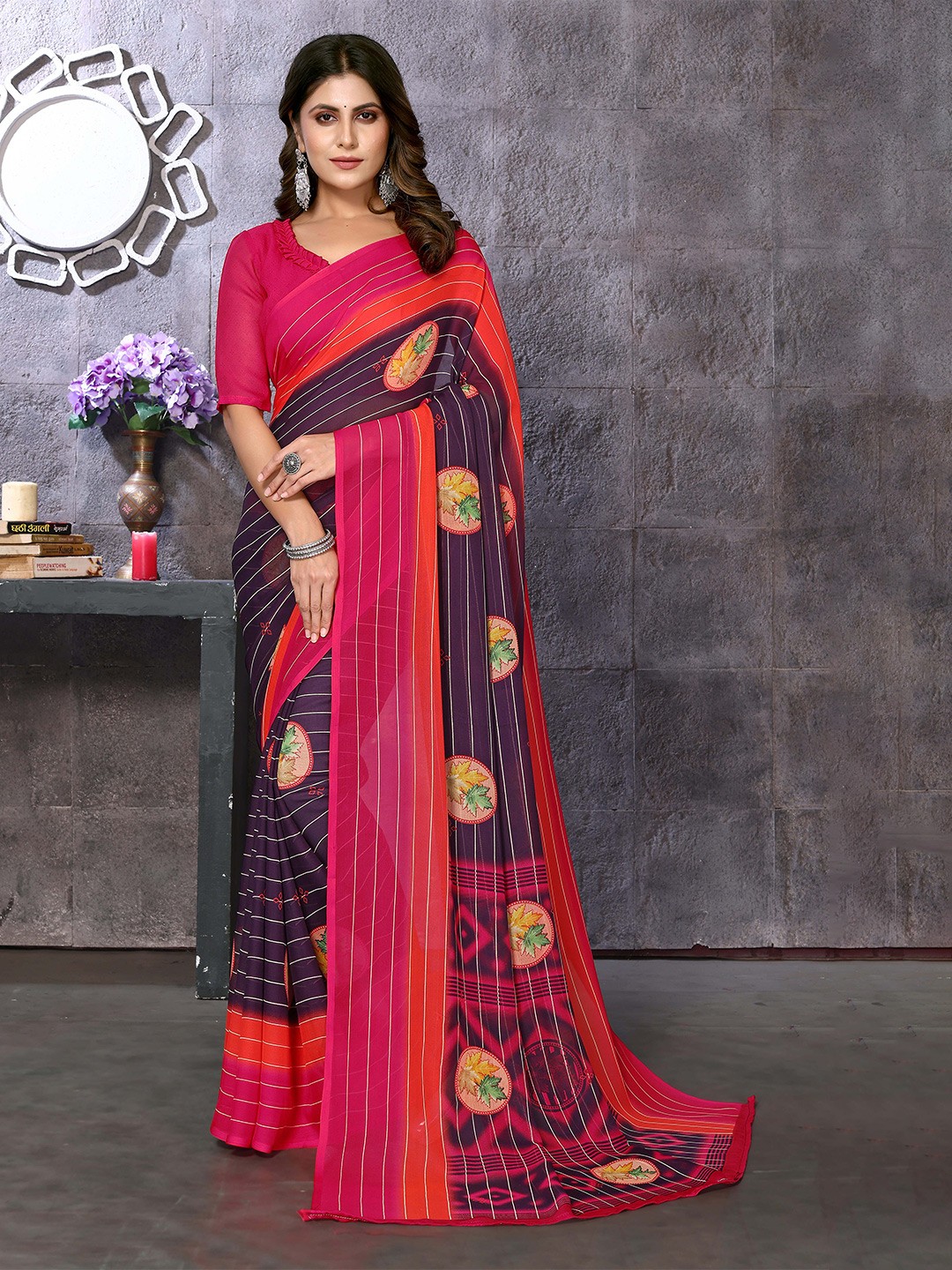 

KALINI Striped Saree, Pink