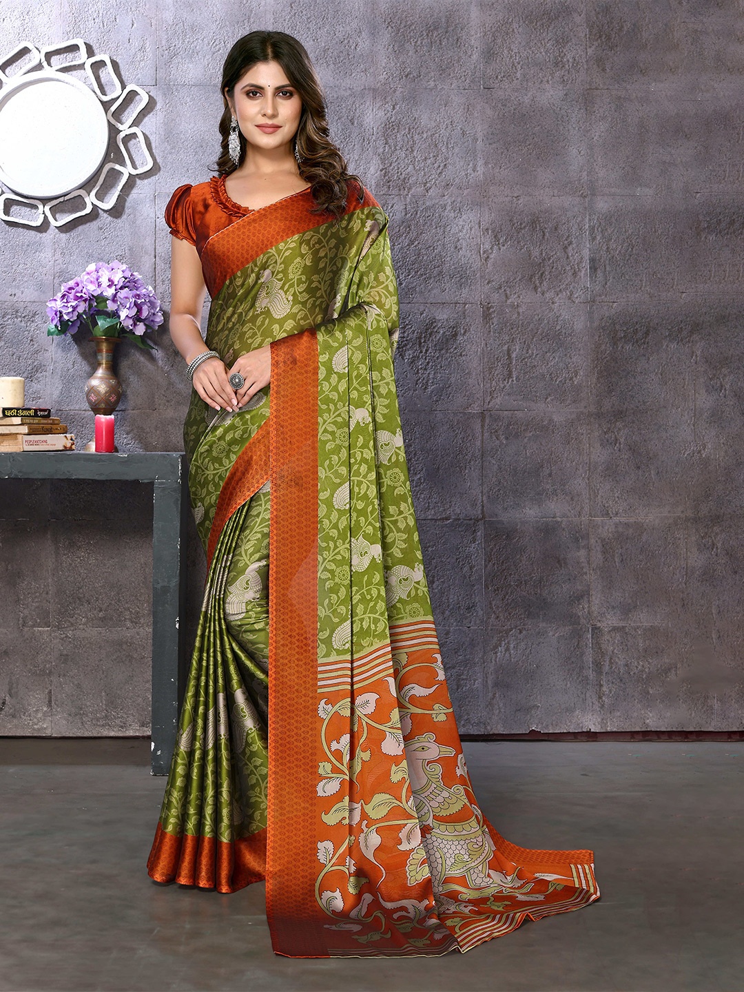 

KALINI Floral Printed Saree, Olive