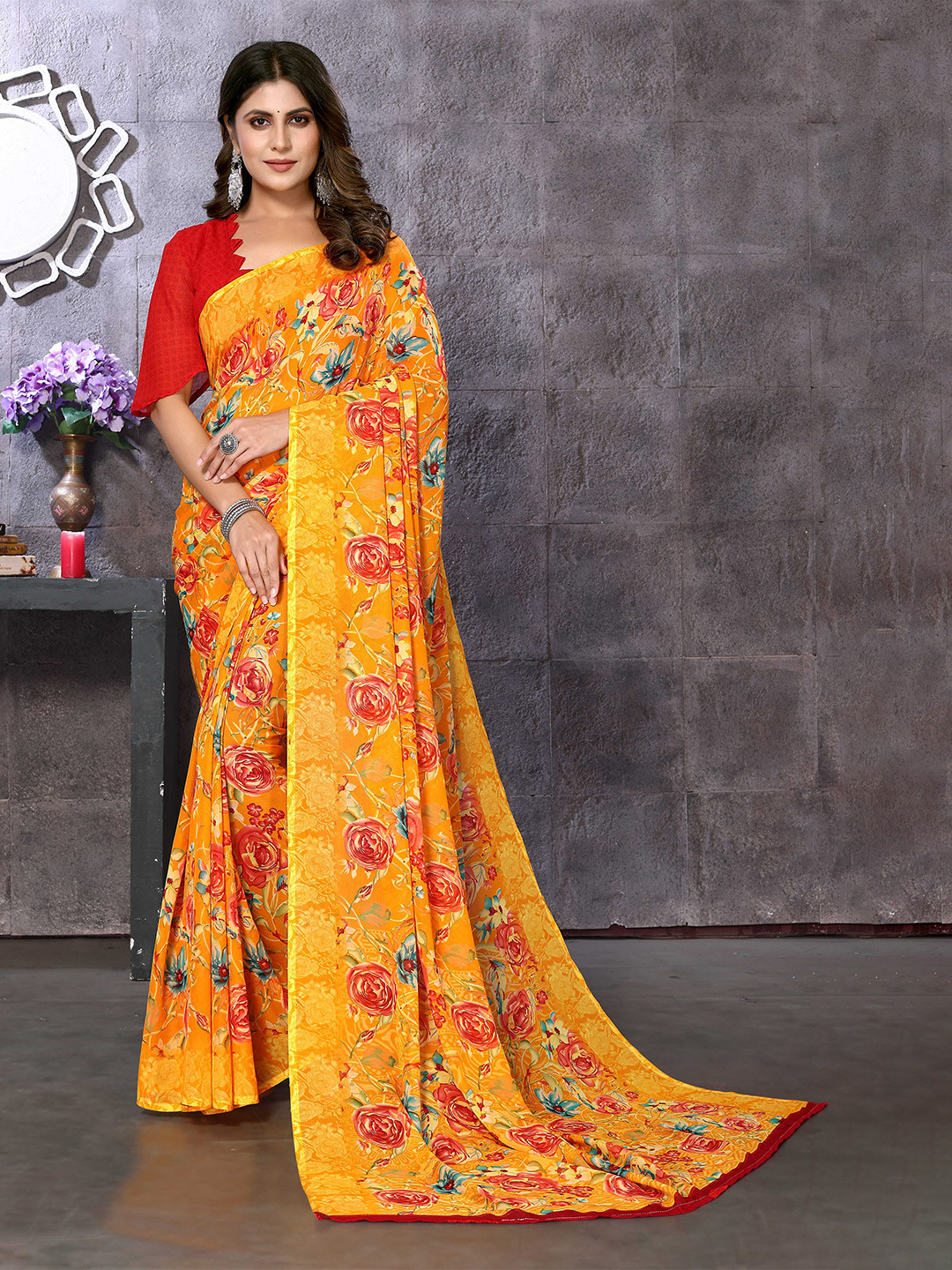 

KALINI Floral Printed Saree, Yellow