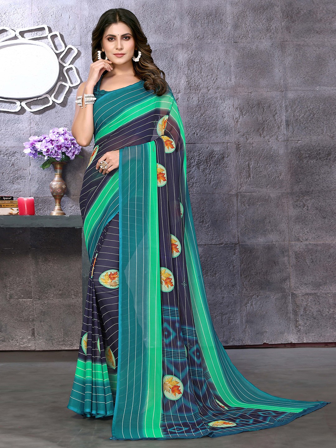 

KALINI Floral Printed Saree, Teal