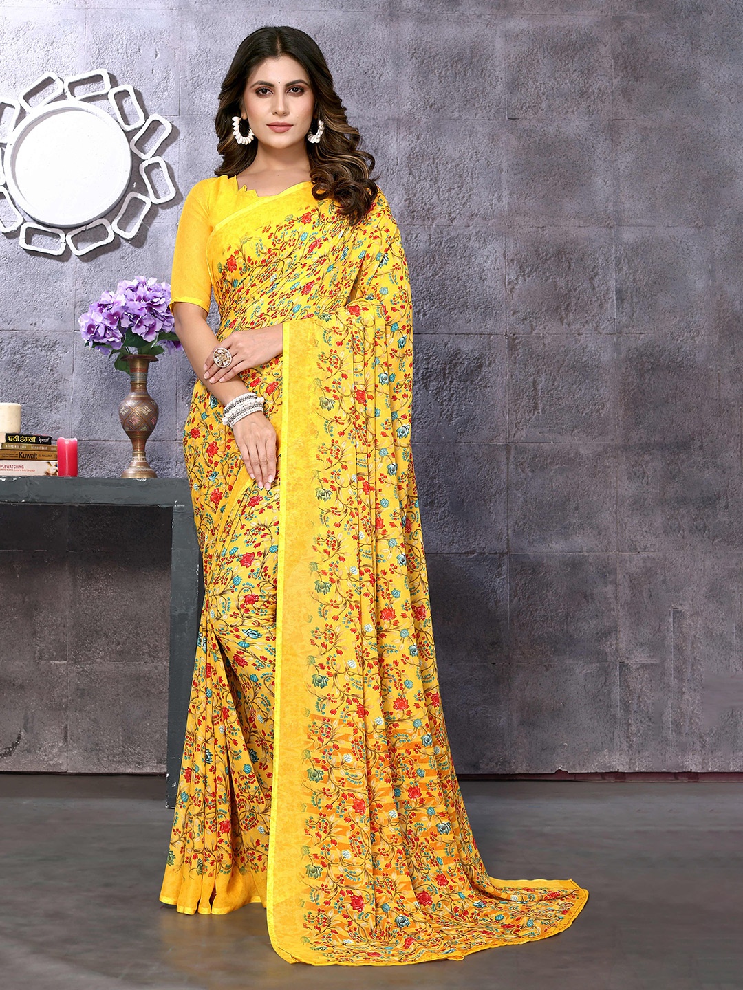 

KALINI Floral Printed Saree, Yellow