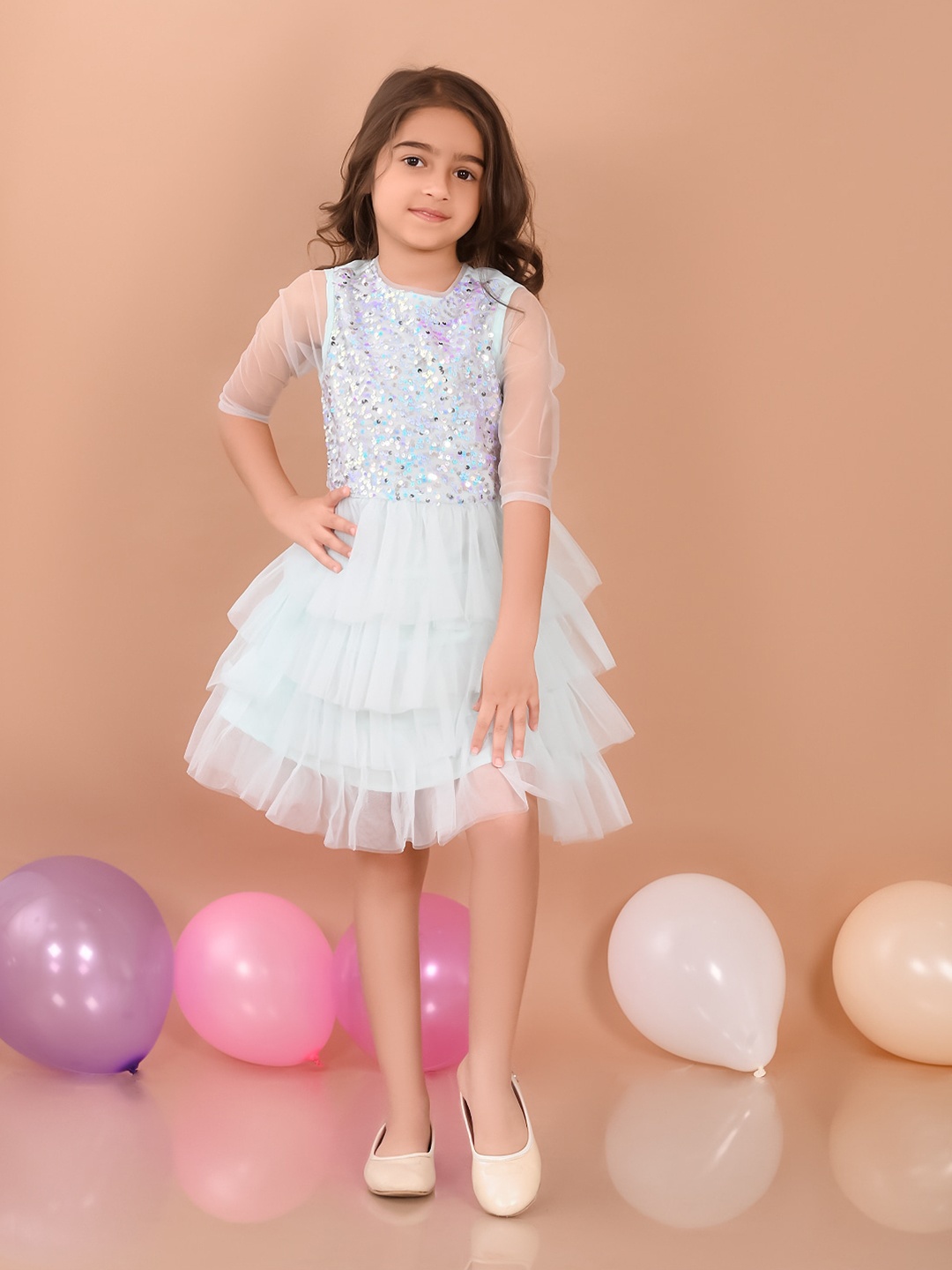 

LilPicks Girls Sequined Fit & Flare Net Dress, Blue