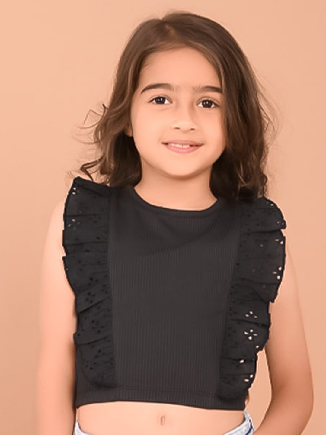 

LilPicks Girls Schiffli Ruffle Design Slim Fit Cotton Regular Crop Top, Black