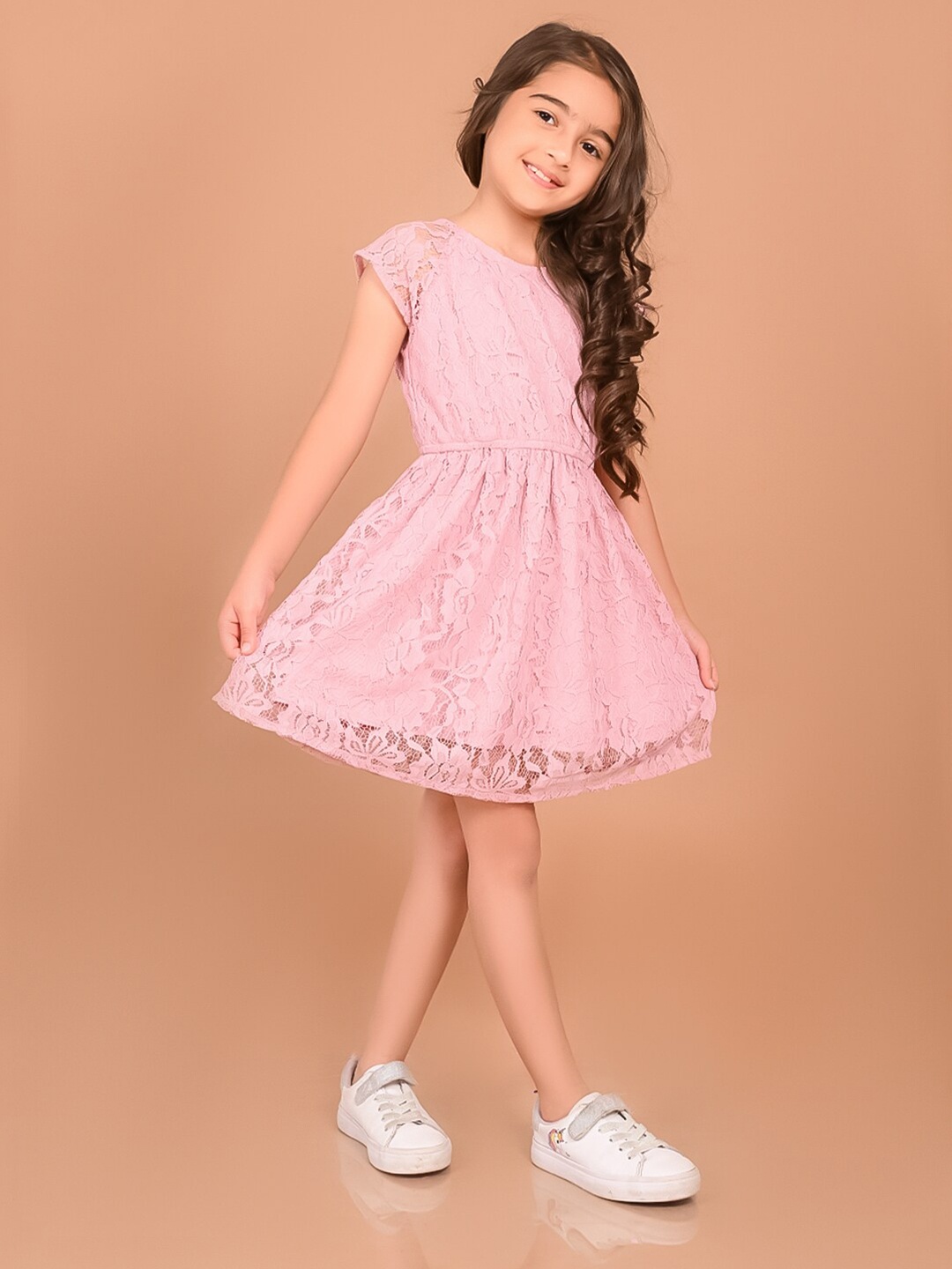

LilPicks Girls Floral Self Design Mesh Fit & Flare Dress, Pink