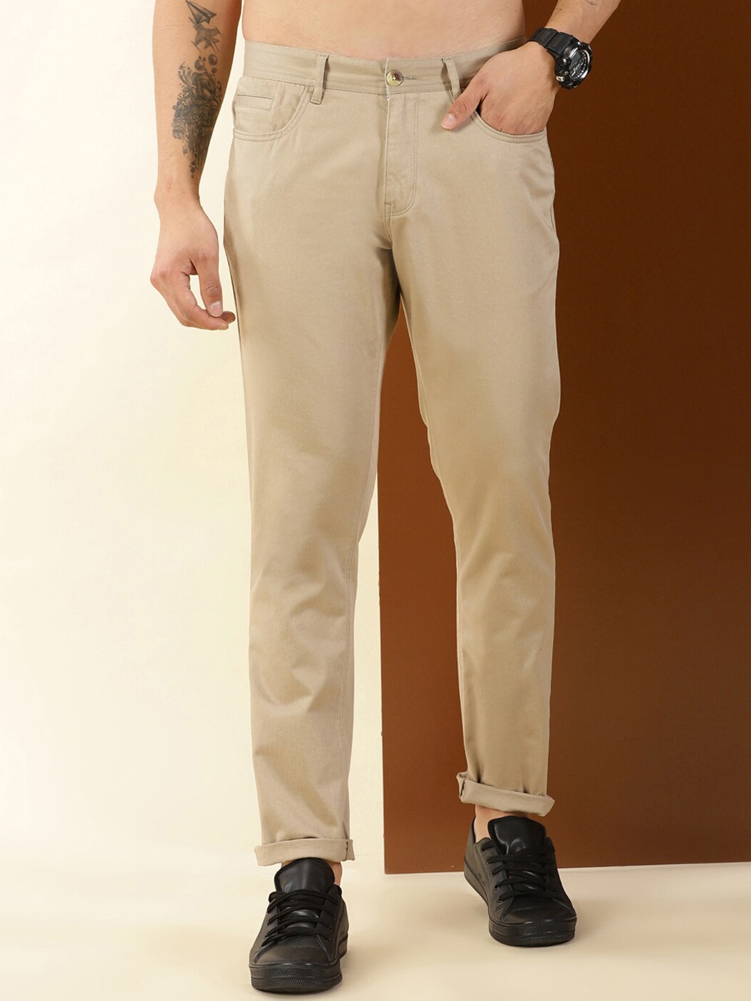 

Thomas Scott Men Mid-Rise Classic Easy Wash Chinos Trousers, Beige