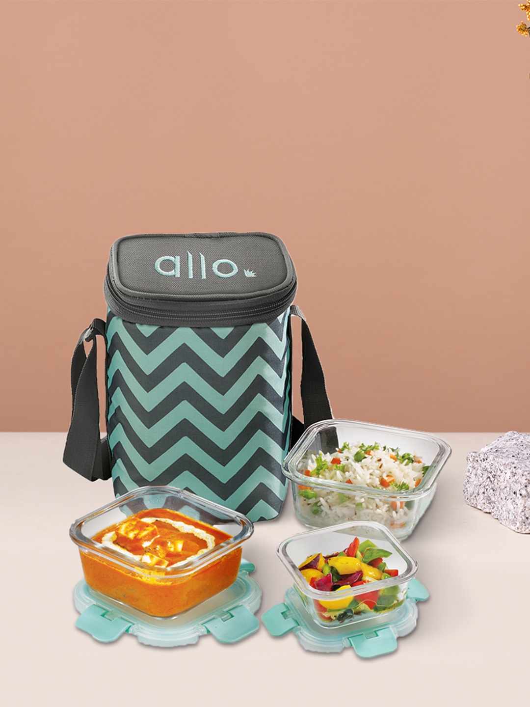 

Allo FoodSafe Microwave Safe Glass Lunch Box with Chevron Mint Bag (310Ml x 2,160Ml x 1), Green