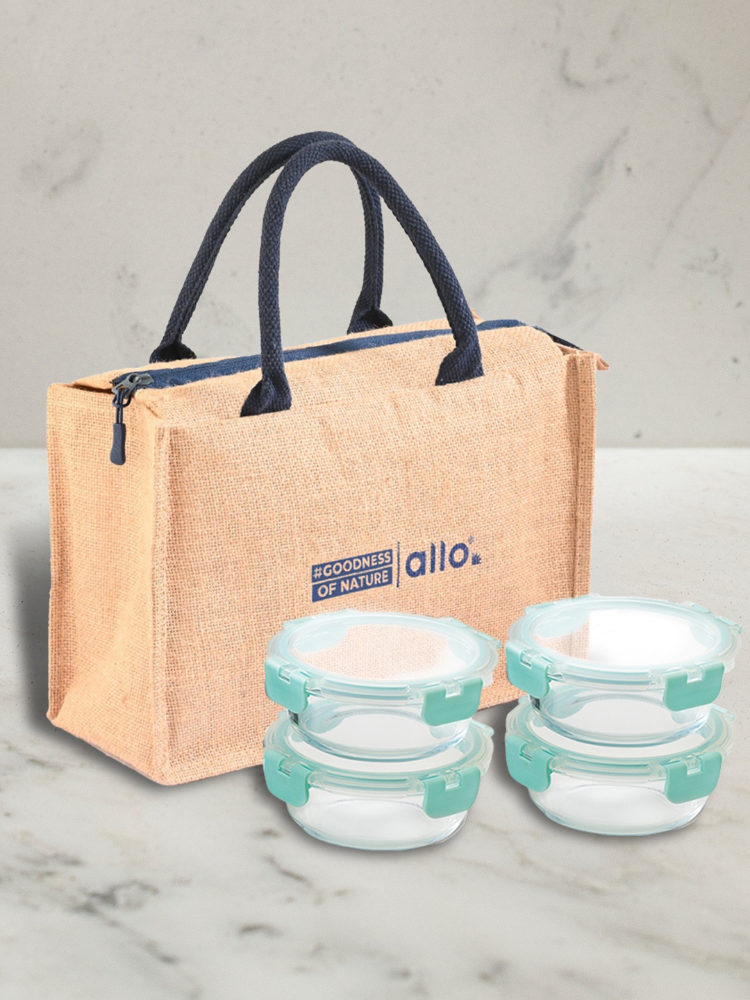 

Allo Microwave Safe Glass Lunch Box with Detachable Lock with Jute Tiffin Bag (390ml x 4), Beige