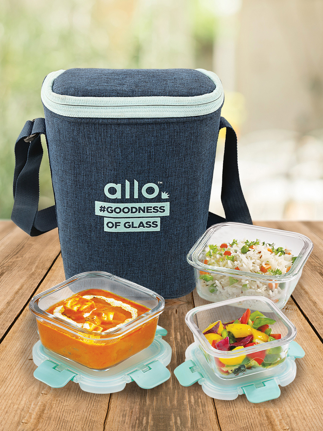 

Allo Microwave Safe Borosilicate Glass Lunch Box with Denim Blue Bag (310ml x 2,160ml x 1)