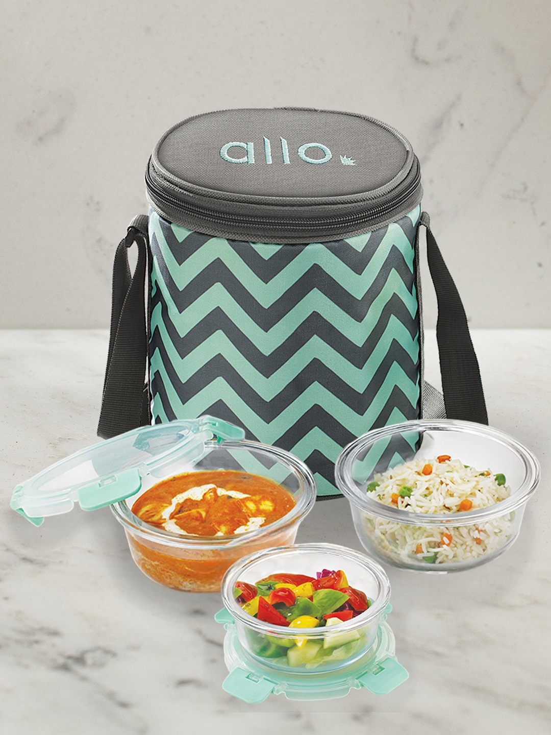 

Allo FoodSafe Microwave Safe Glass Lunch Box with Chevron Mint Bag (390ml x 2, 215ml x 1), Green