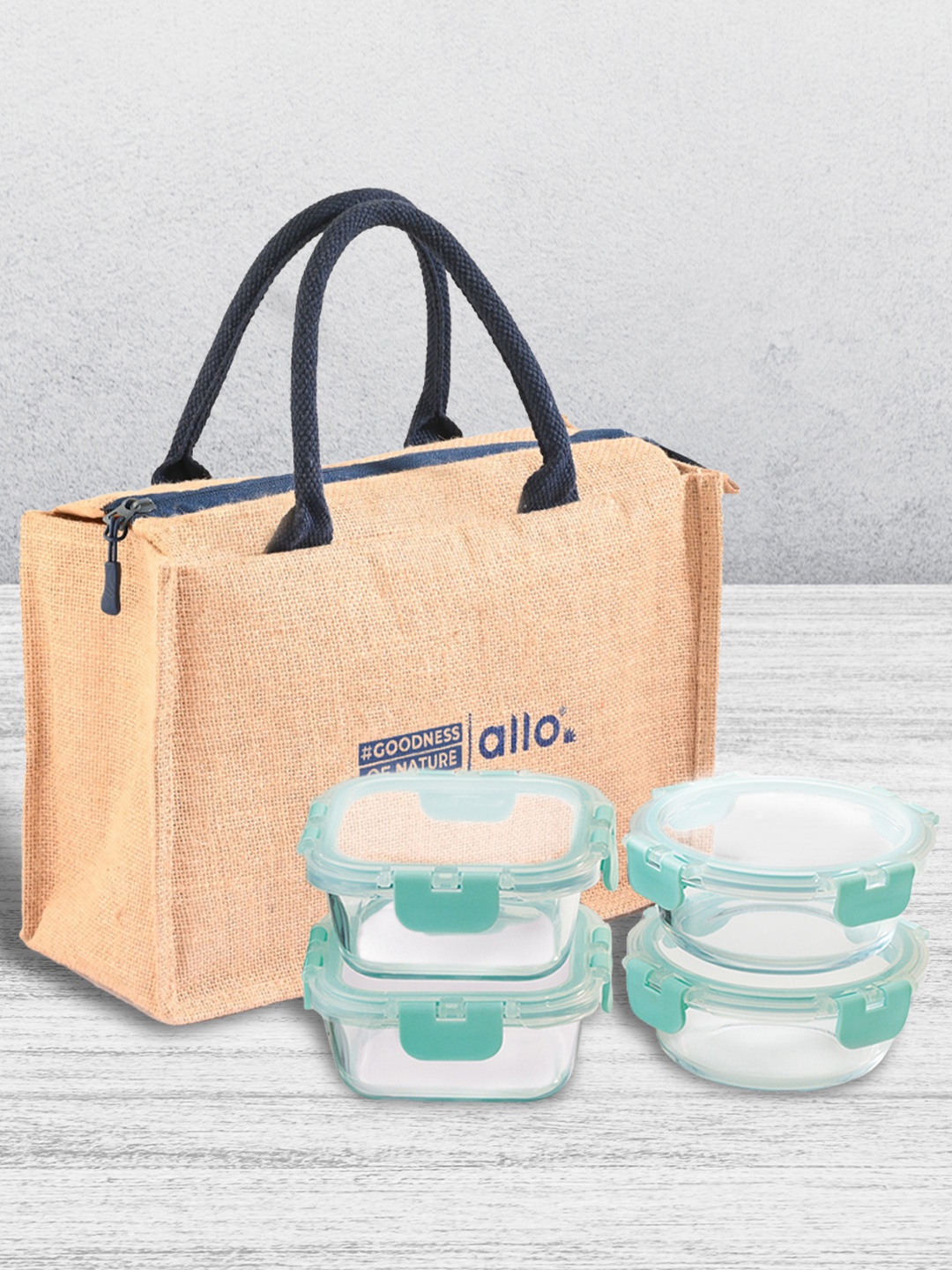 

Allo Microwave Safe Borosilicate Glass Lunch Box with Jute Bag (310ml x 2, 390ml x 2), Beige