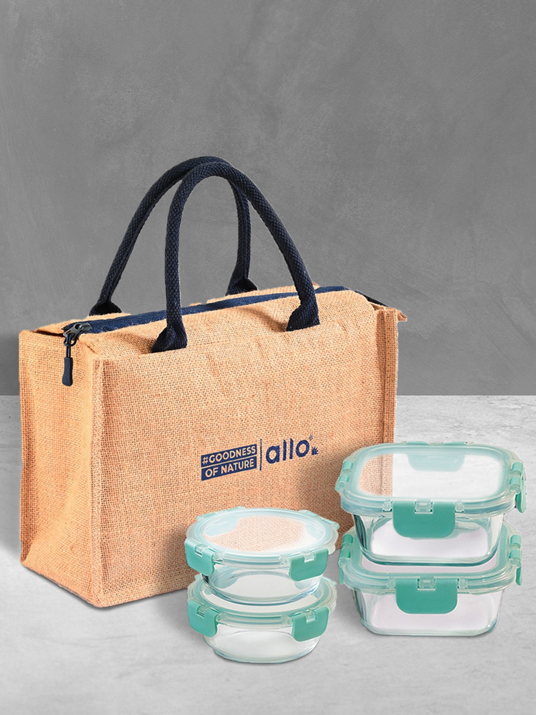 

Allo Microwave Safe Borosilicate Glass Lunch Box with Jute Bag (215ml x 2 & 310ml x 2), Beige