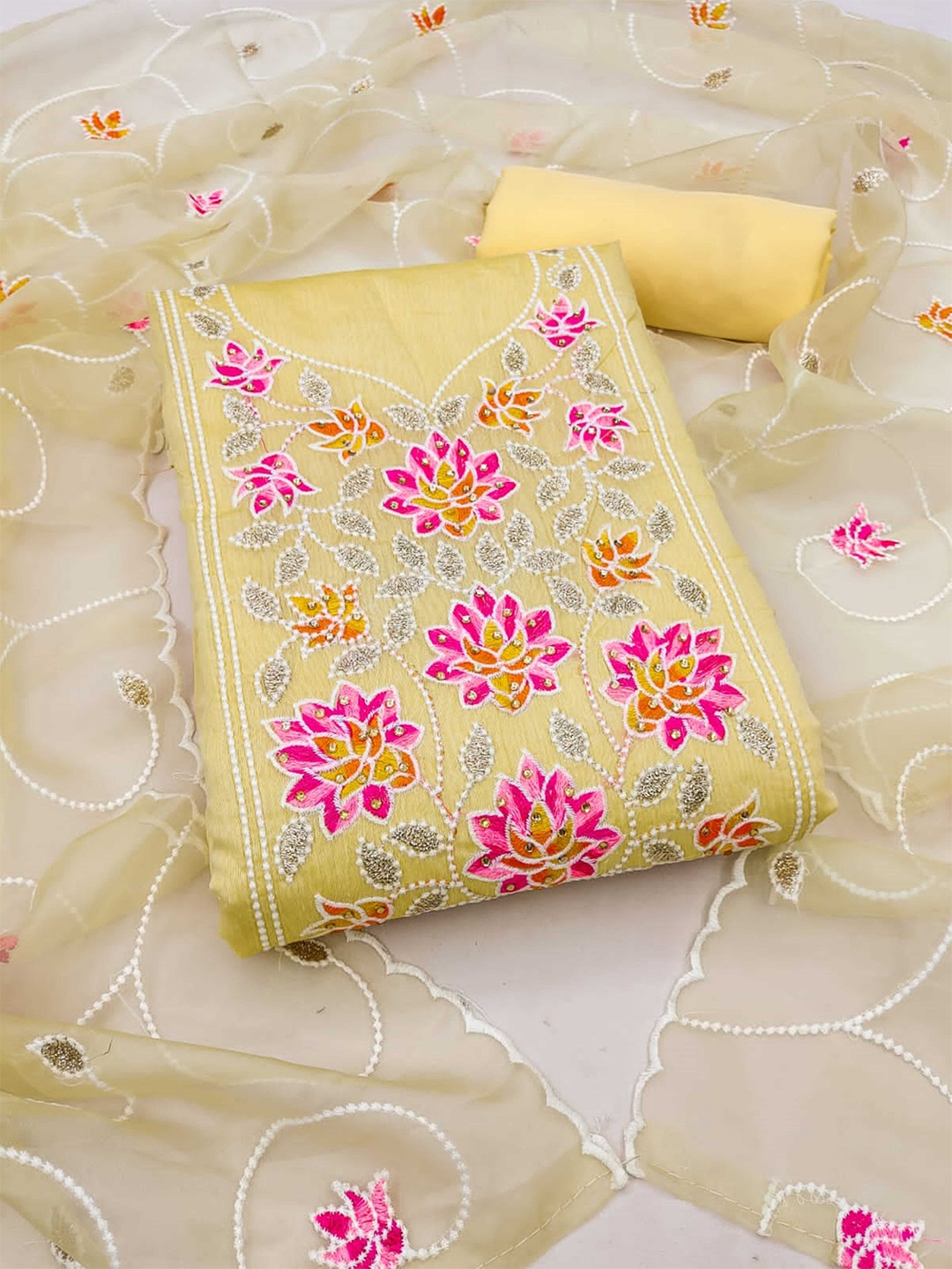 

KALINI Floral Embroidered Unstitched Dress Material, Yellow