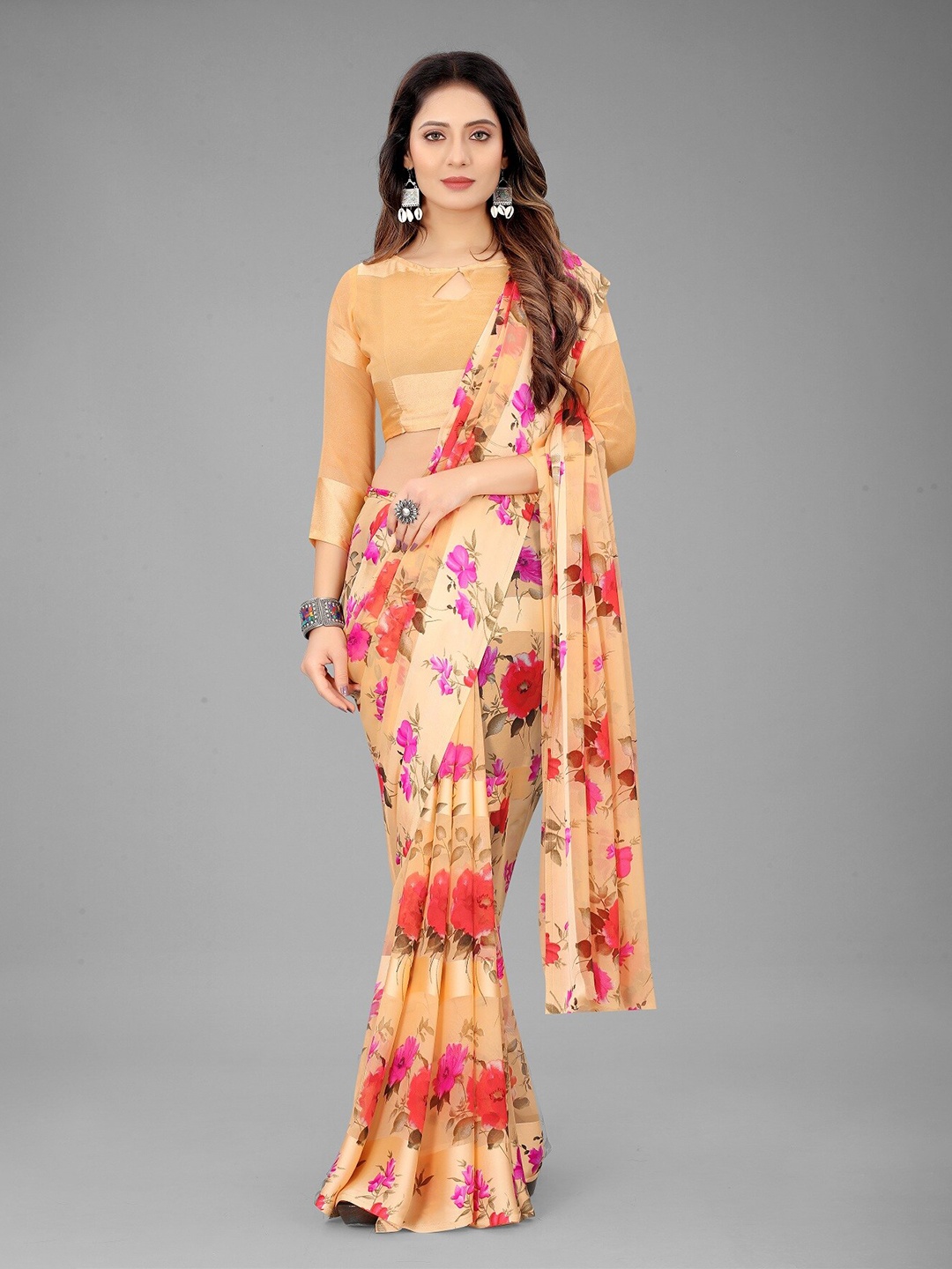 

APNISHA Floral Printed Pure Georgette Saree, Orange
