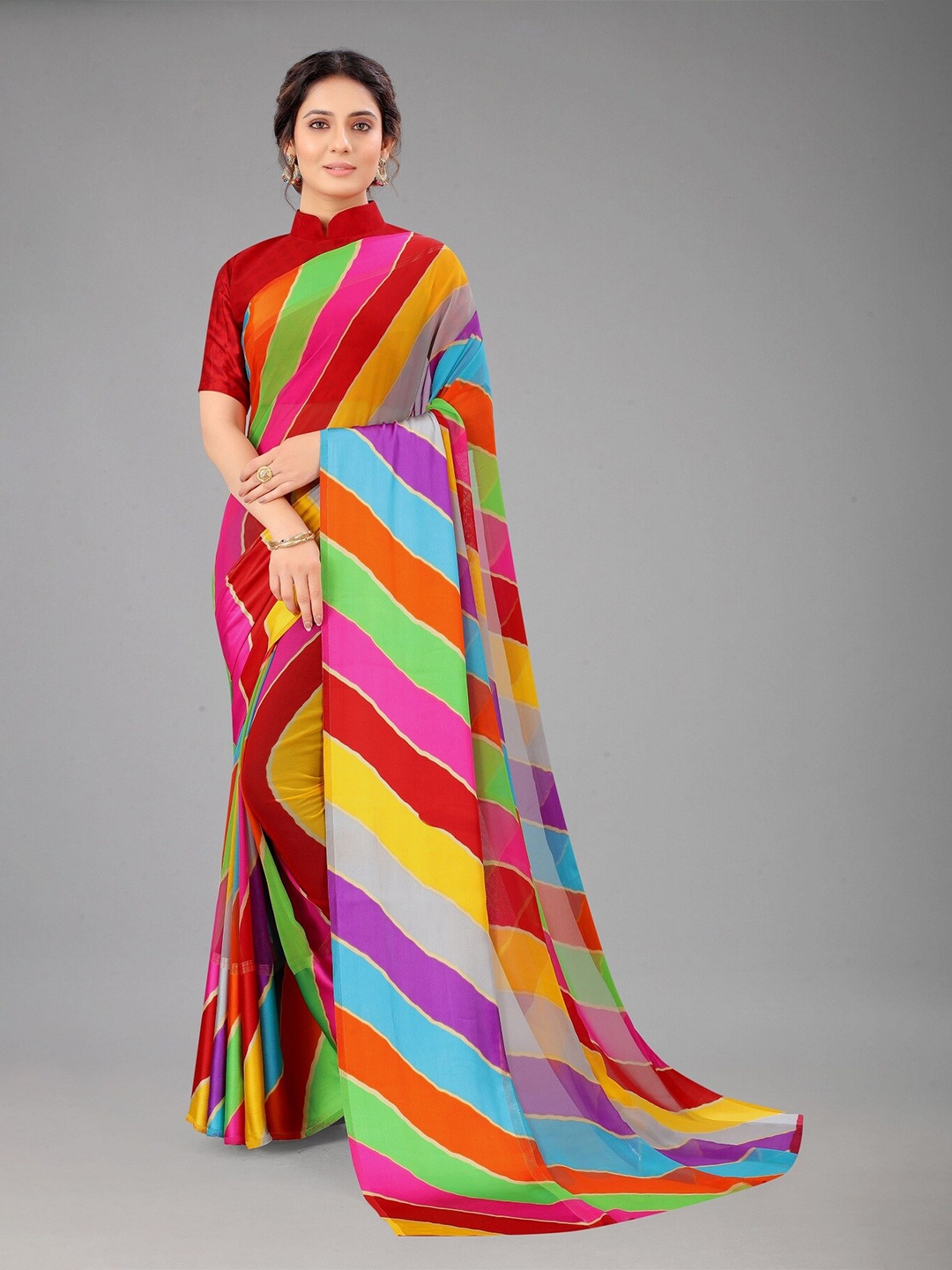 

APNISHA Striped Pure Georgette Saree, Red