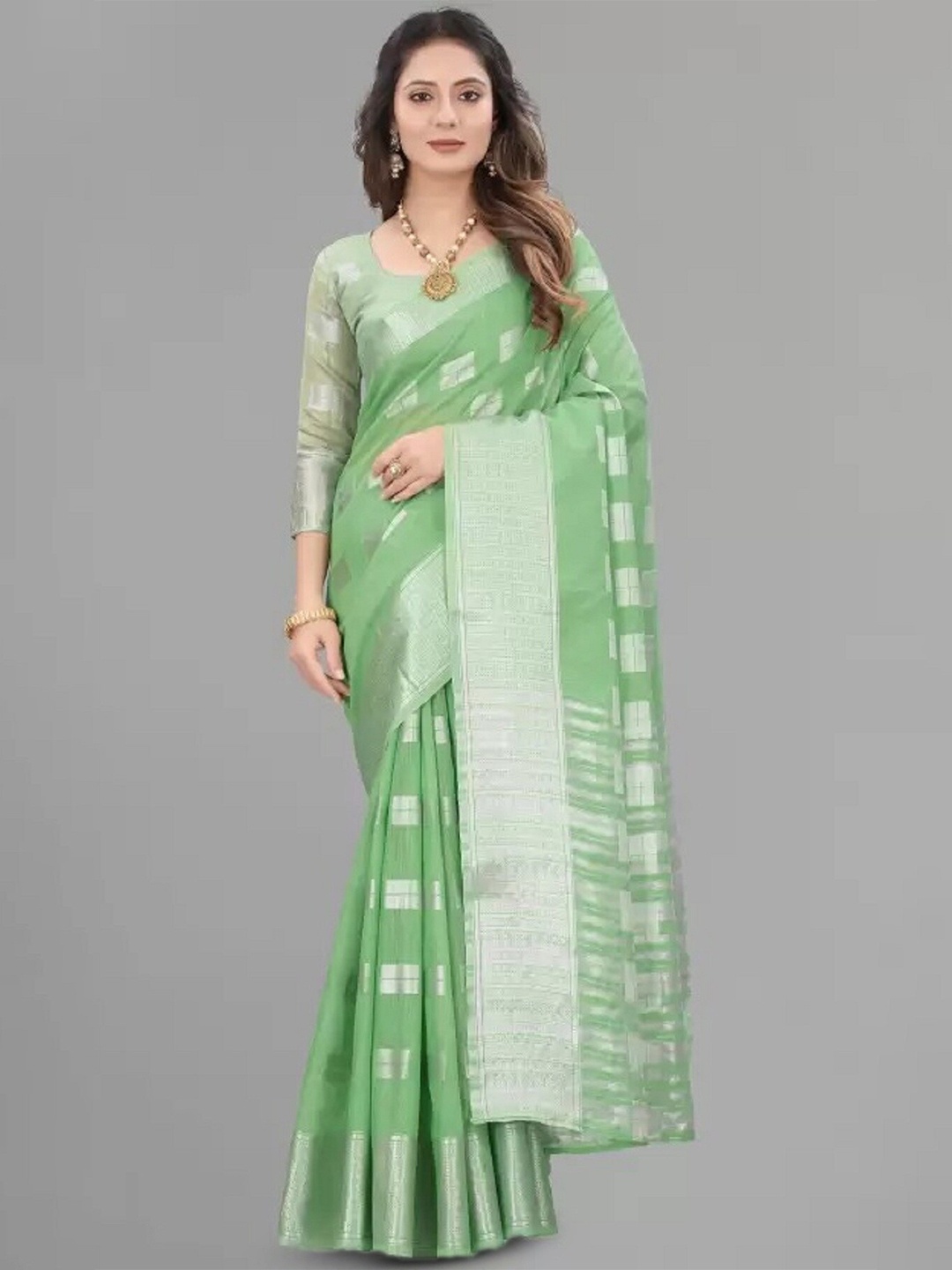

APNISHA Woven Design Zari Pure Cotton Saree, Lime green