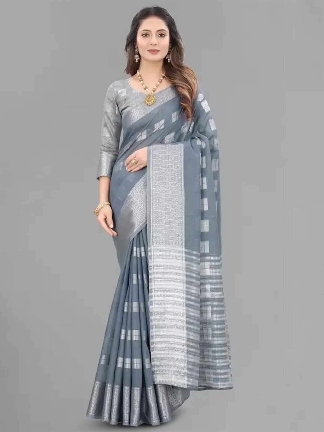 

APNISHA Ethnic Motifs Woven Design Zari Pure Cotton Saree, Grey