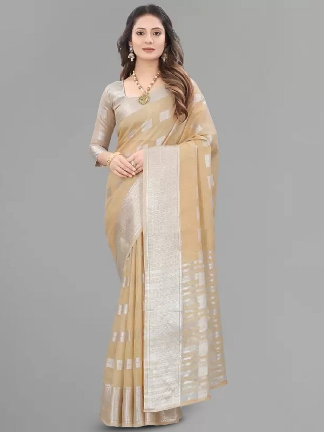 

APNISHA Woven Design Zari Pure Cotton Saree, Brown