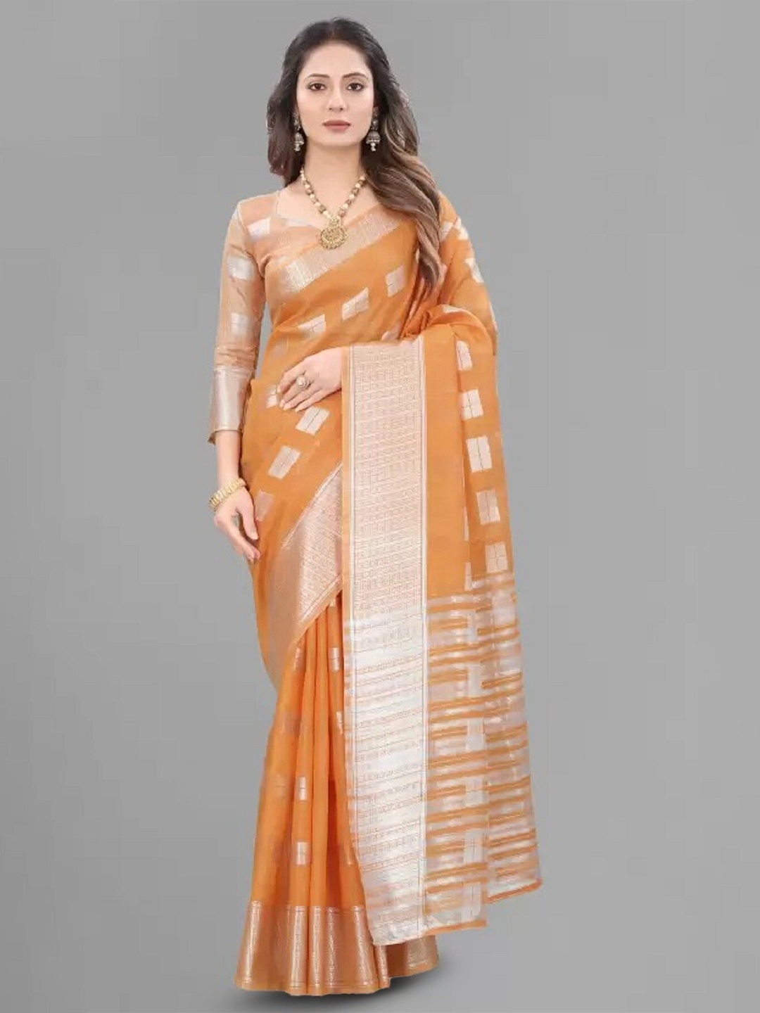 

APNISHA Ethnic Motifs Woven Design Zari Pure Cotton Saree, Orange