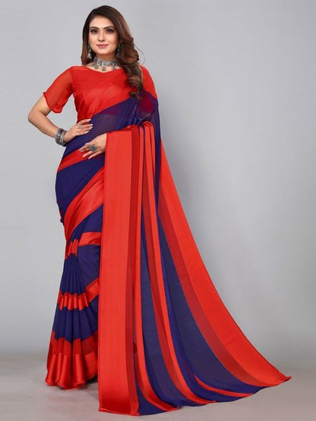

APNISHA Colourblocked Pure Georgette Saree, Red