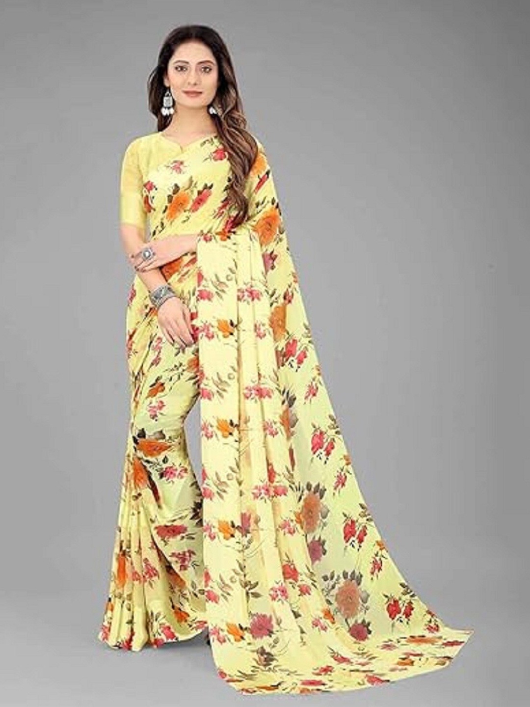 

APNISHA Floral Printed Pure Georgette Saree, Yellow