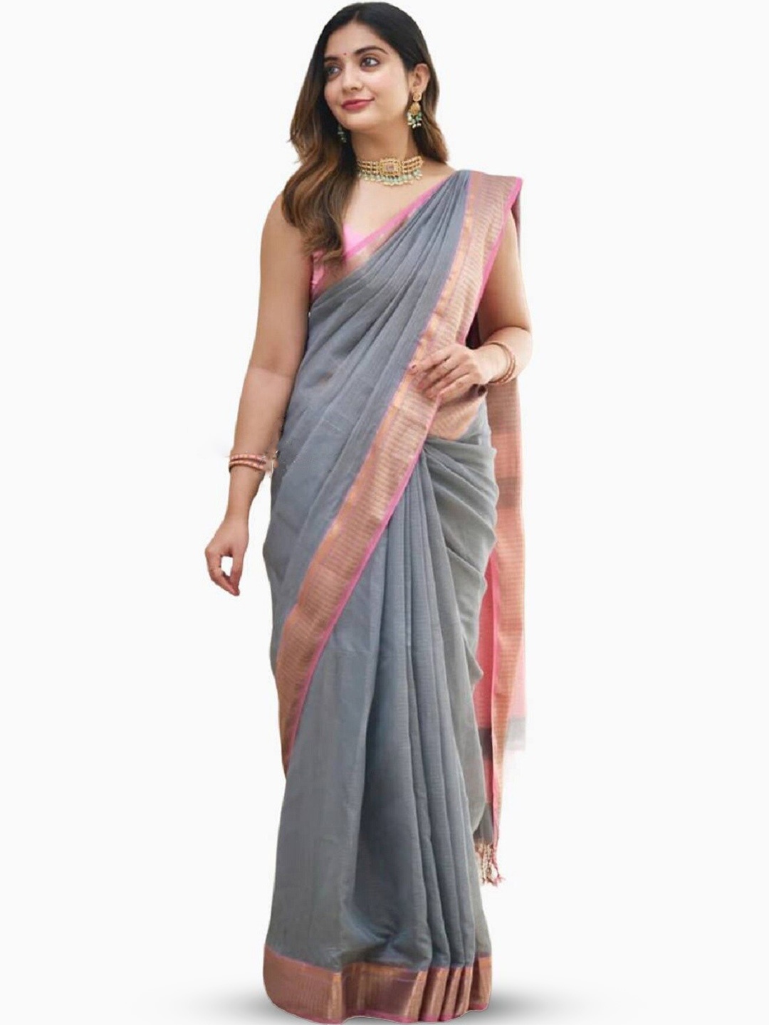 

APNISHA Zari Pure Linen Saree, Grey