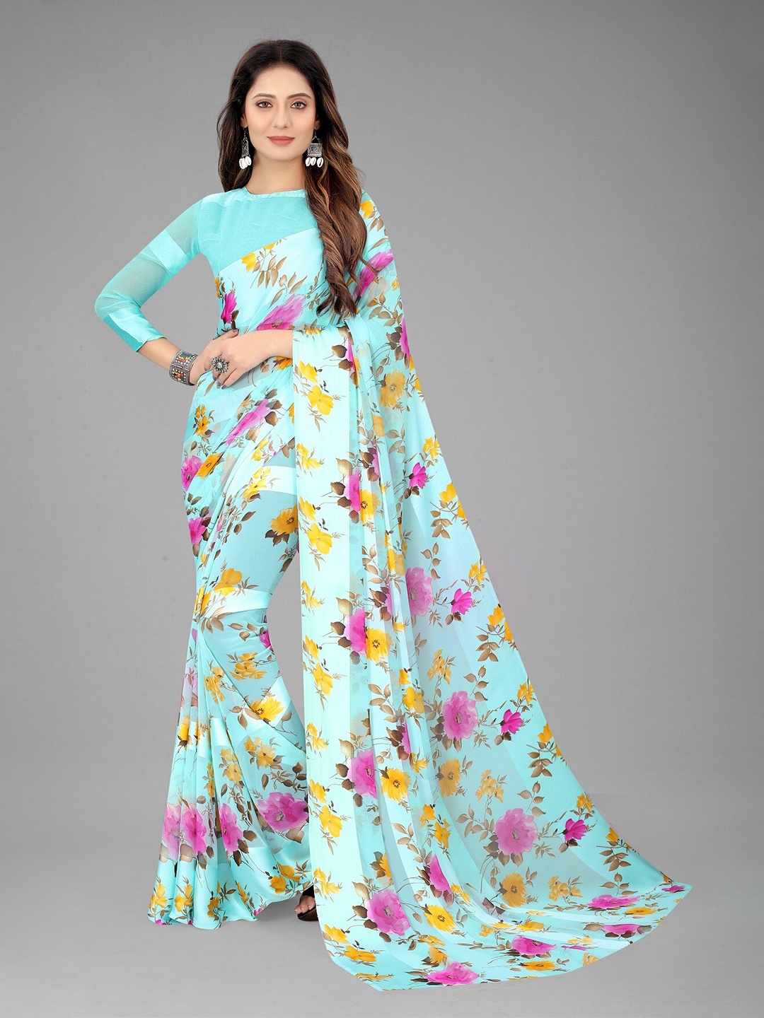 

APNISHA Floral Printed Pure Georgette Saree, Turquoise blue