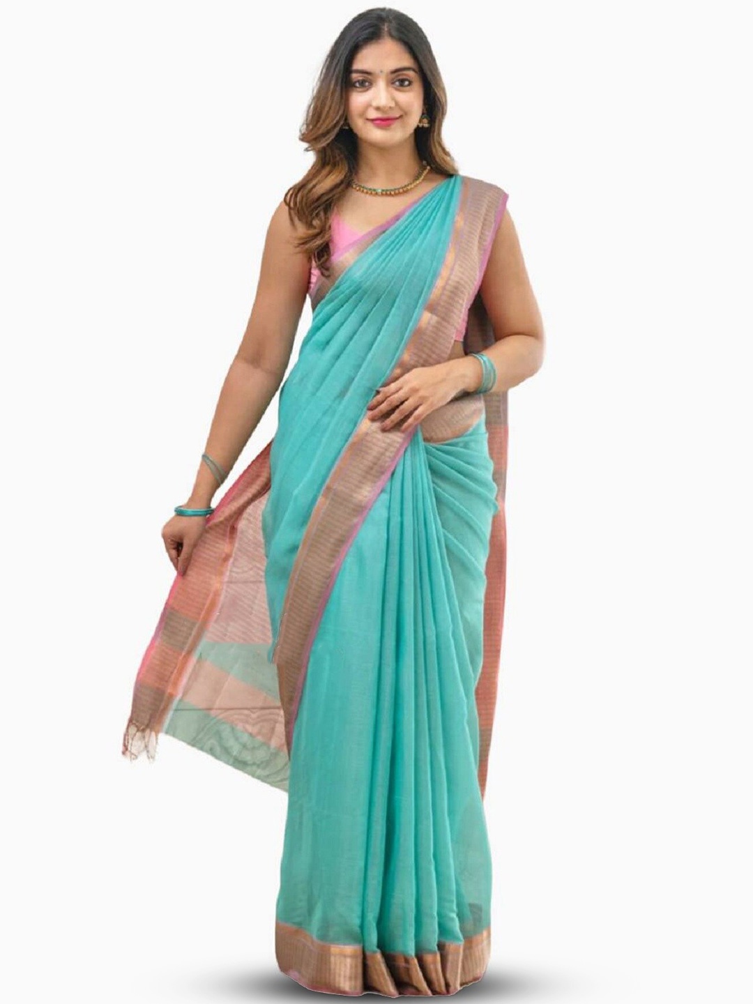 

APNISHA Turquoise Blue & Gold-Toned Woven Design Zari Pure Linen Saree