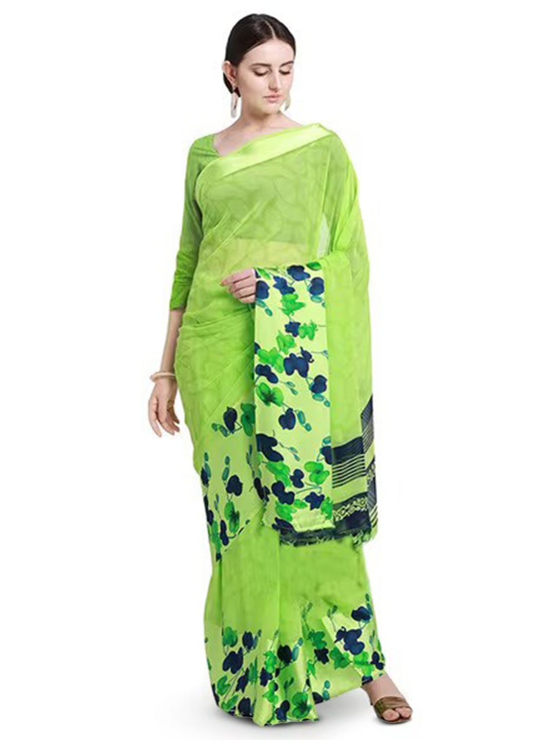 

APNISHA Floral Printed Pure Georgette Saree, Green
