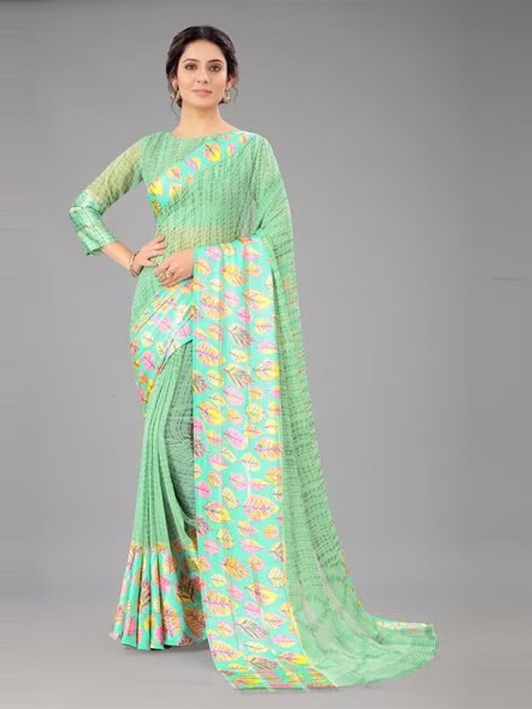 

APNISHA Floral Printed Pure Georgette Saree, Lime green