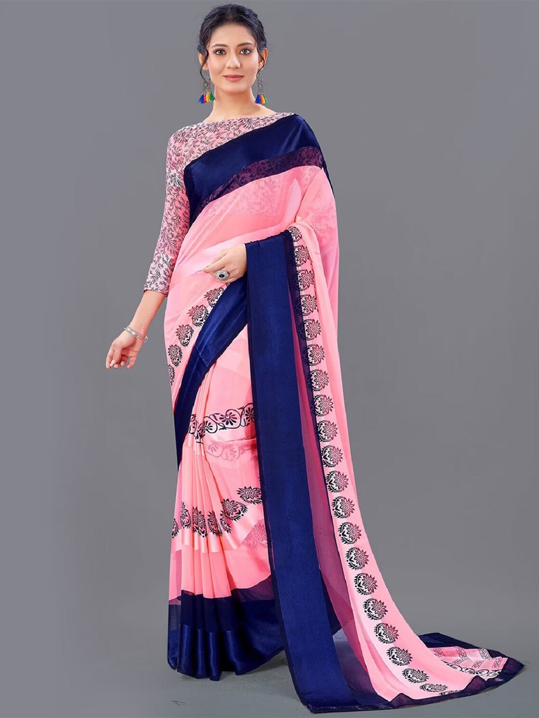 

APNISHA Ethnic Motifs Printed Pure Georgette Saree, Peach