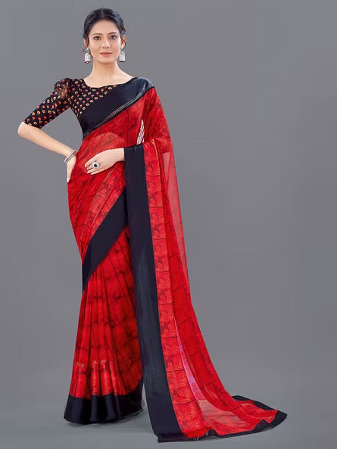 

APNISHA Abstract Printed Pure Georgette Saree, Red