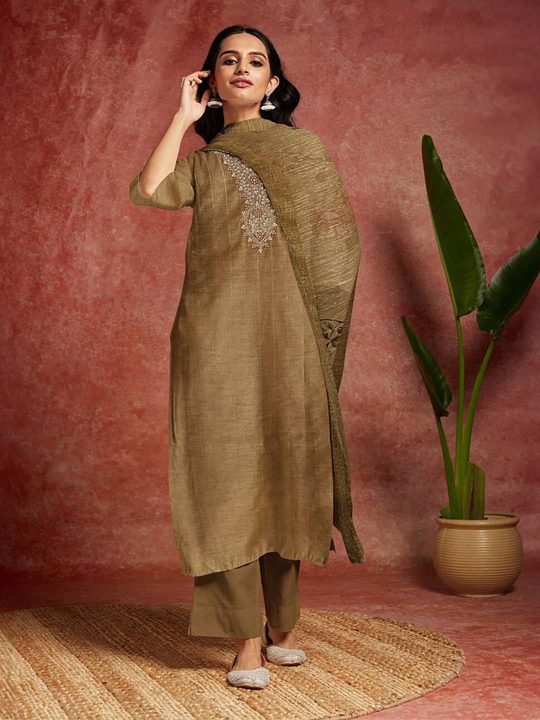 

Libas Ethnic Motifs Embellished Sequinned Organza Unstitched Dress Material, Mustard