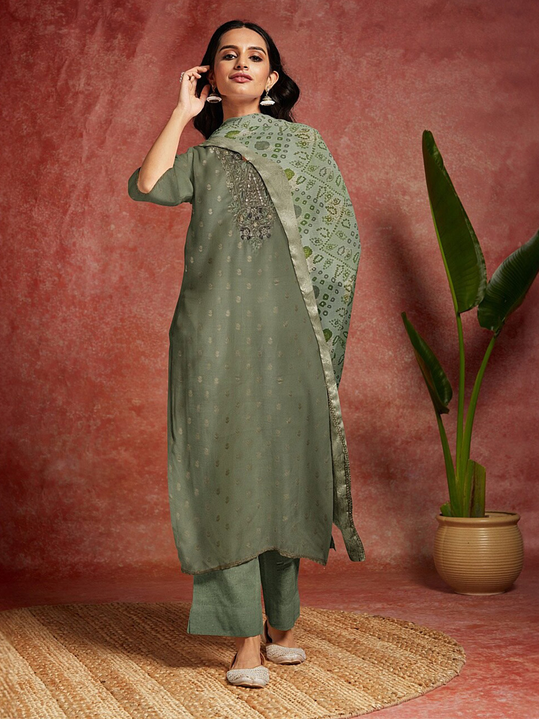 

Libas Printed Stone Work Organza Unstitched Dress Material, Green