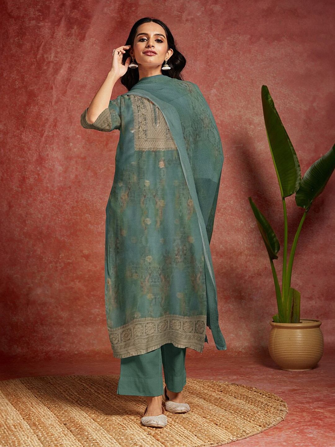 

Libas Printed Organza Unstitched Dress Material, Green